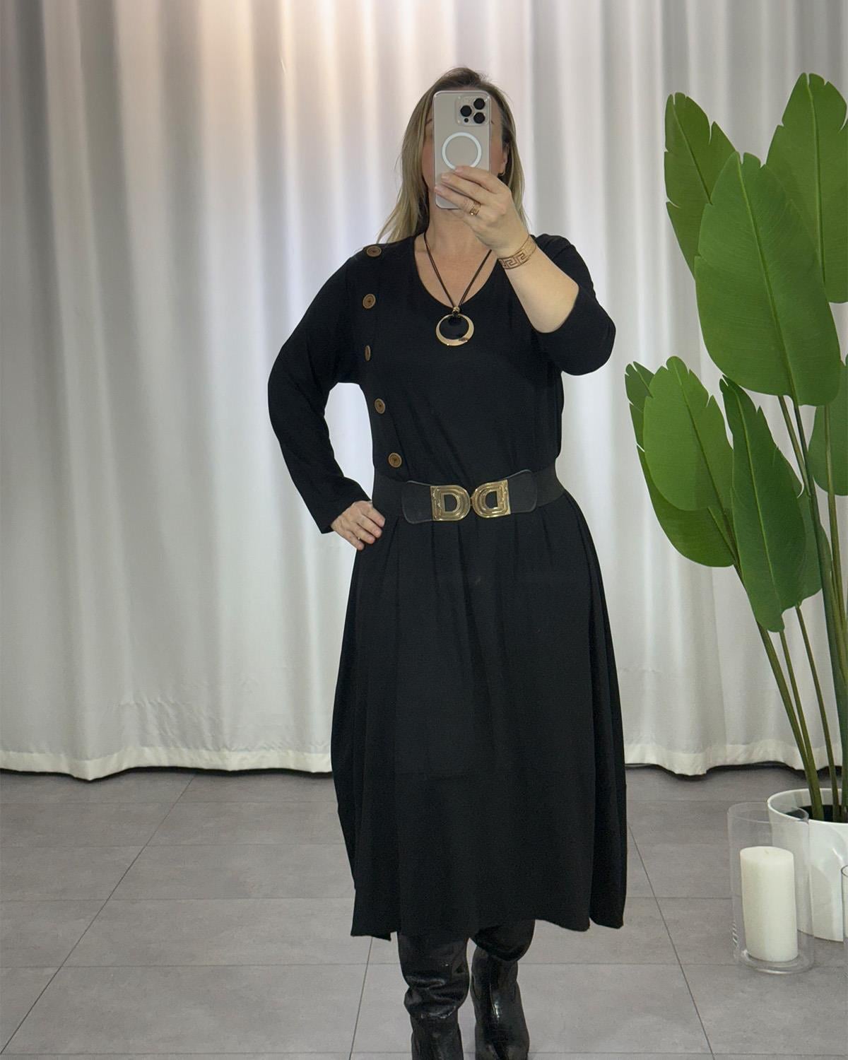 Düğme Detaylı Basic Siyah Elbise 