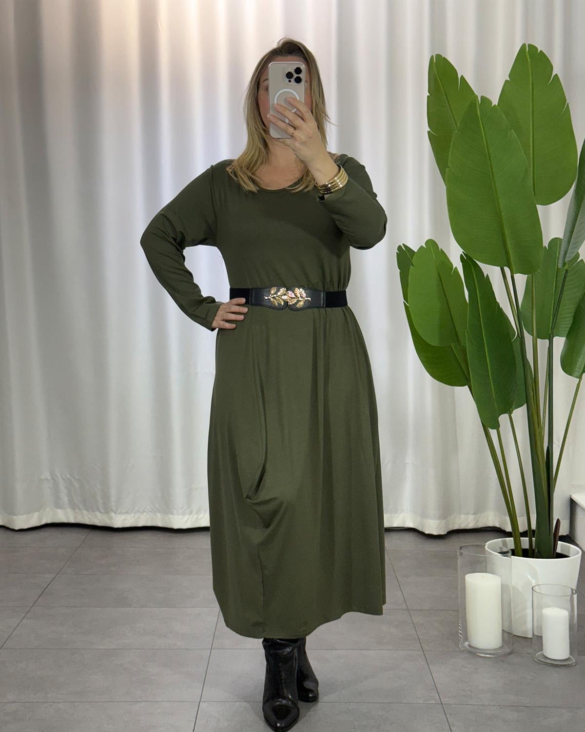 Kemerli Basic Elbise Haki
