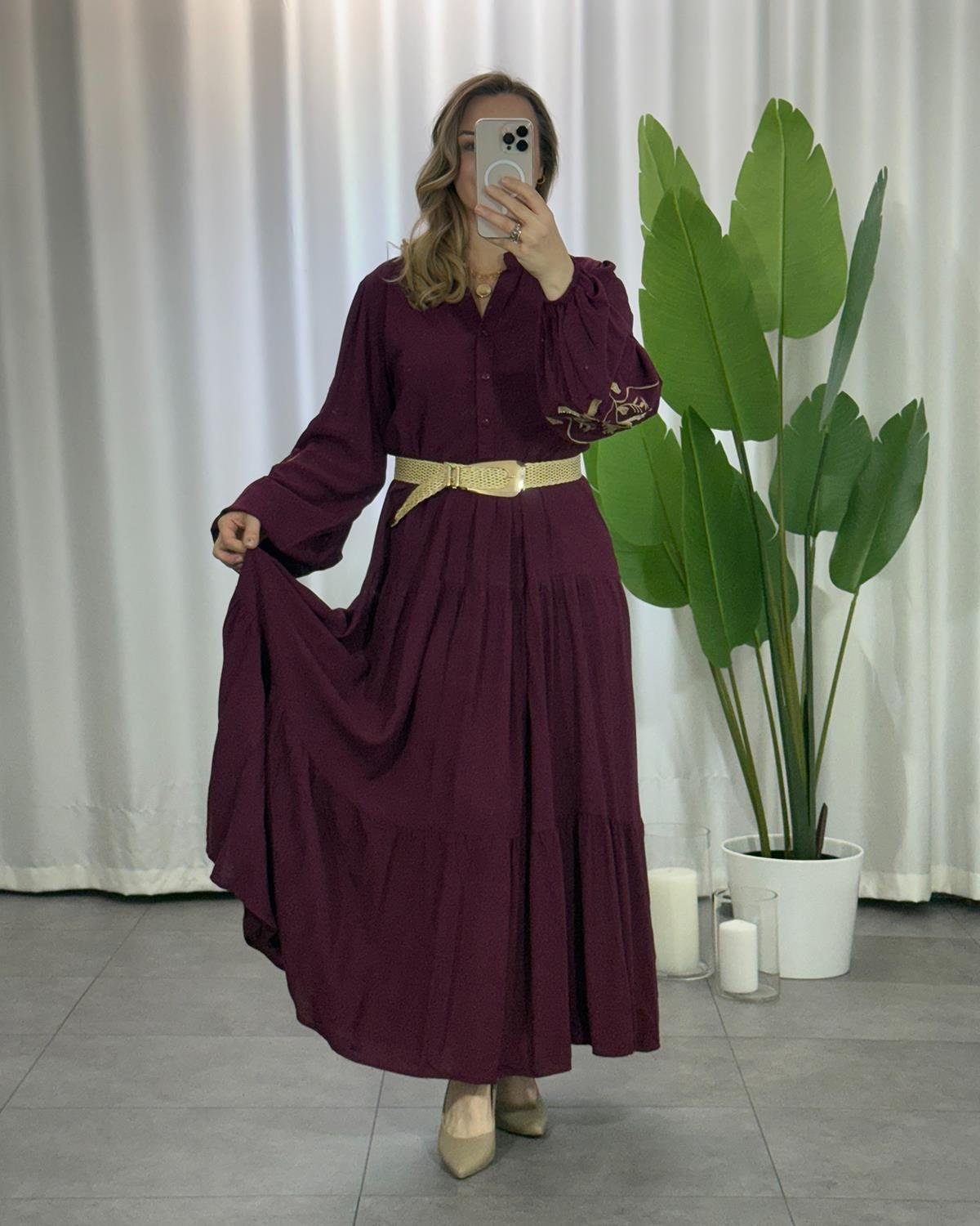 Lina Nakışlı Elbise Bordo
