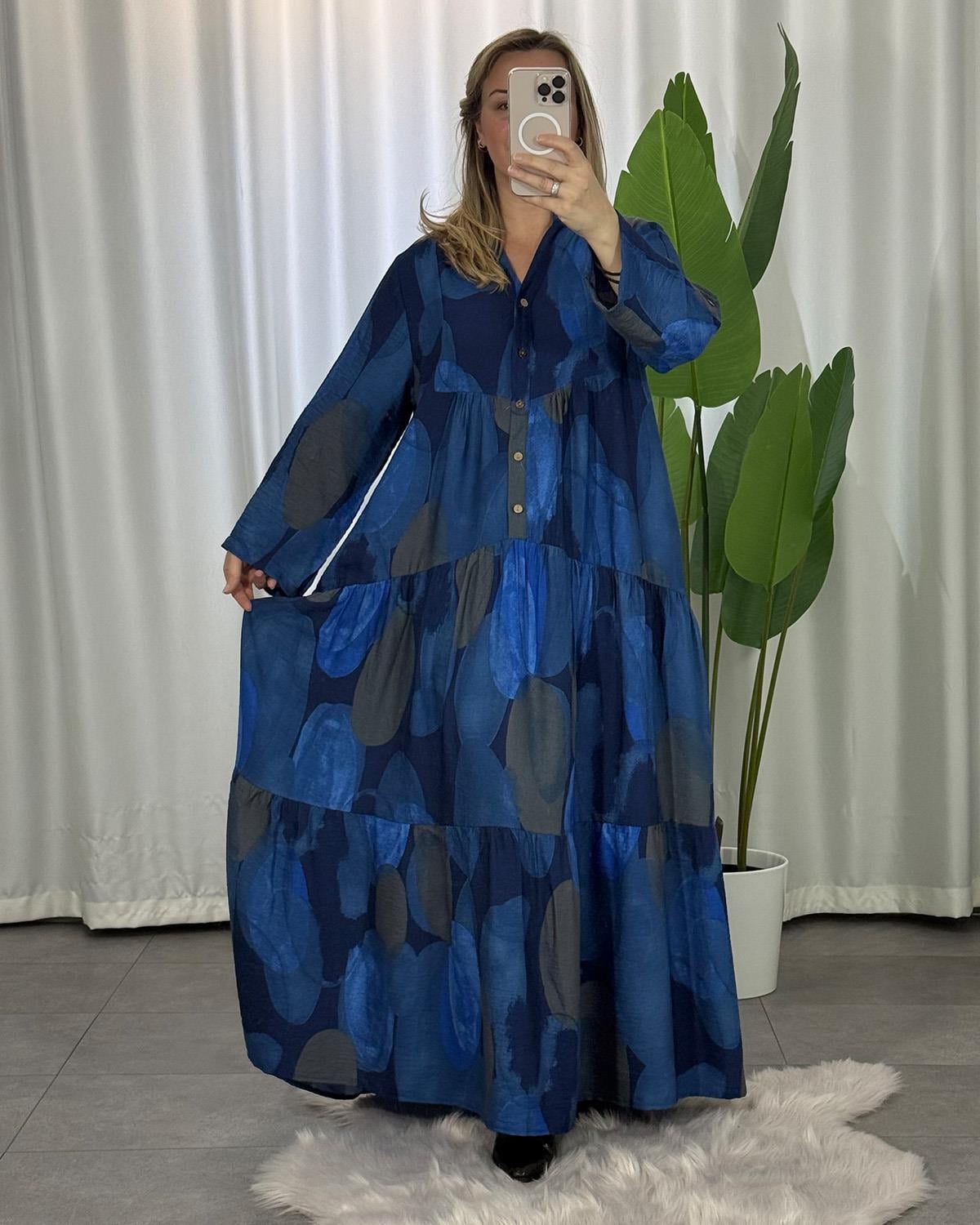 Luna Batik Desenli Elbise Mavi