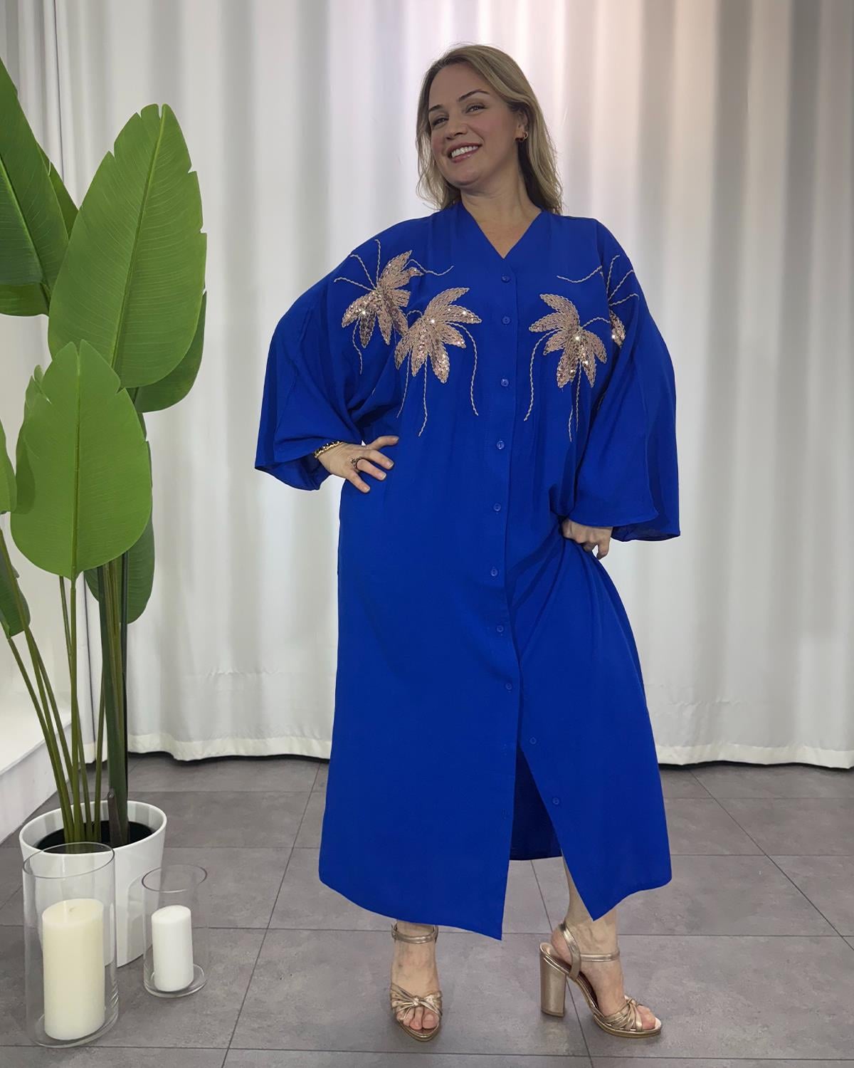 Nadia Payetli Gömlek Elbise Saks Mavi