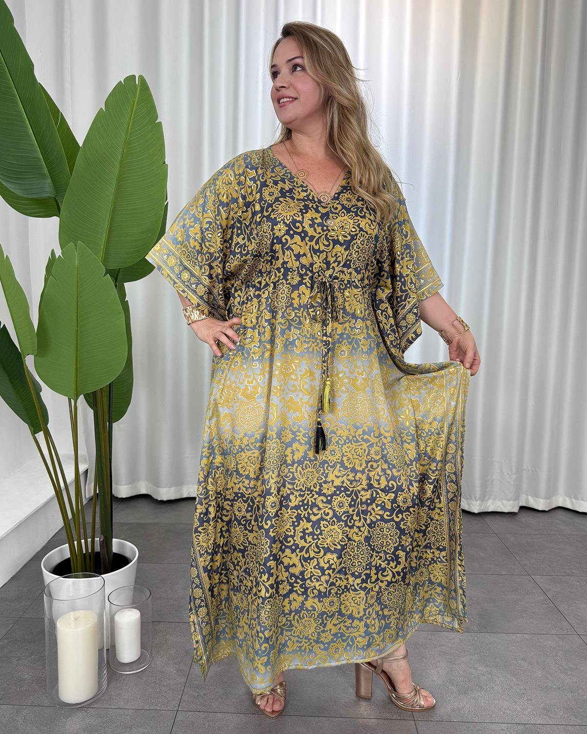 Nitya İpek Kimono Elbise Füme Sarı