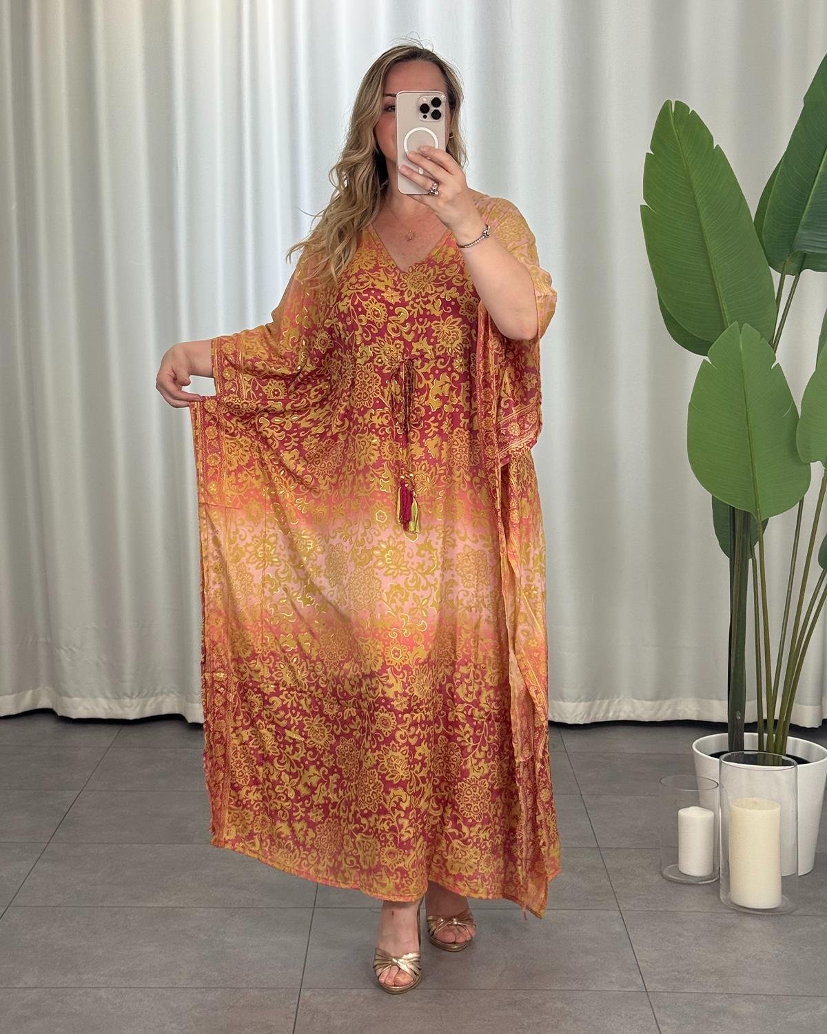 Nitya İpek Kimono Elbise Pembe Somon