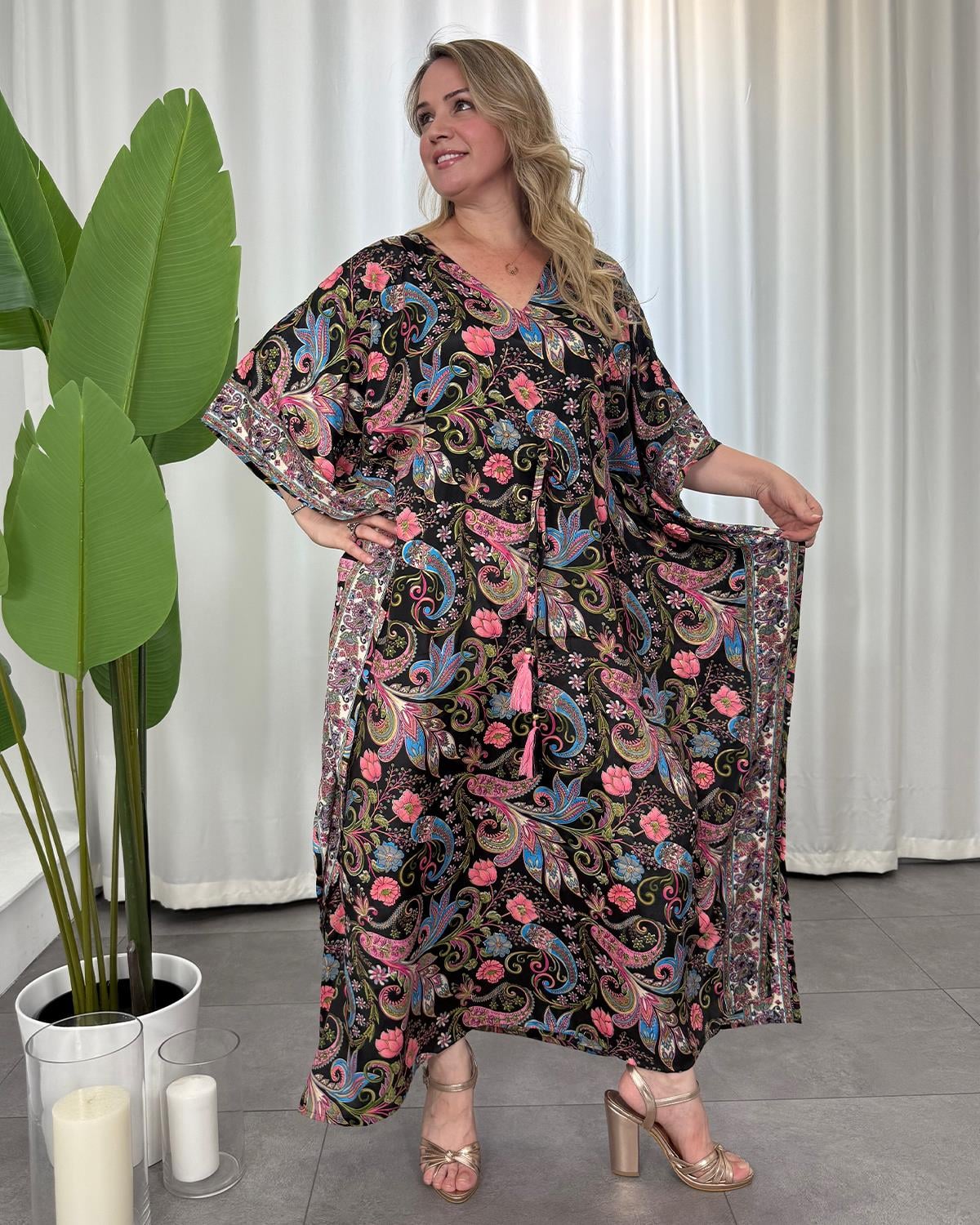 Nitya İpek Kimono Elbise Siyah Desenli