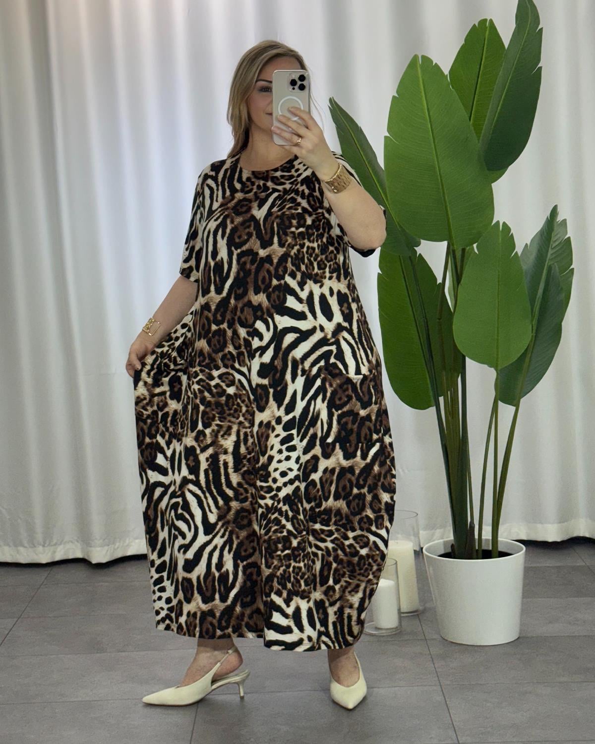 Perla Leopar Desenli Elbise Kahve Bej