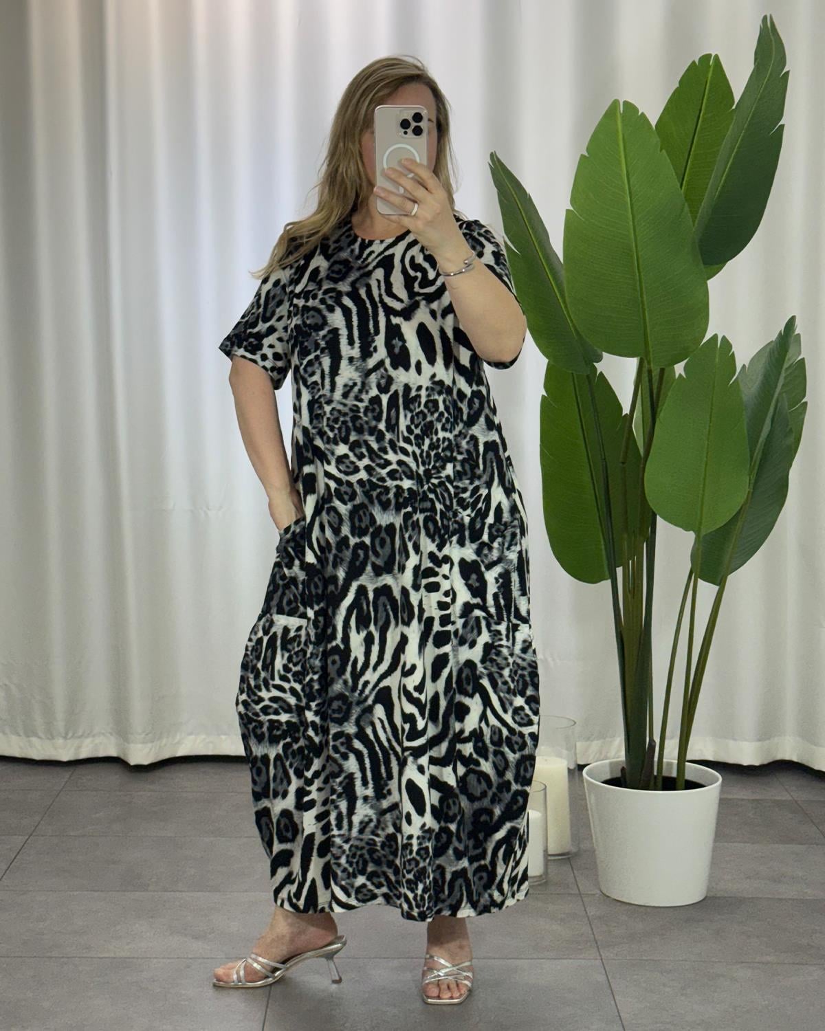 Perla Leopar Desenli Elbise Siyah Gri