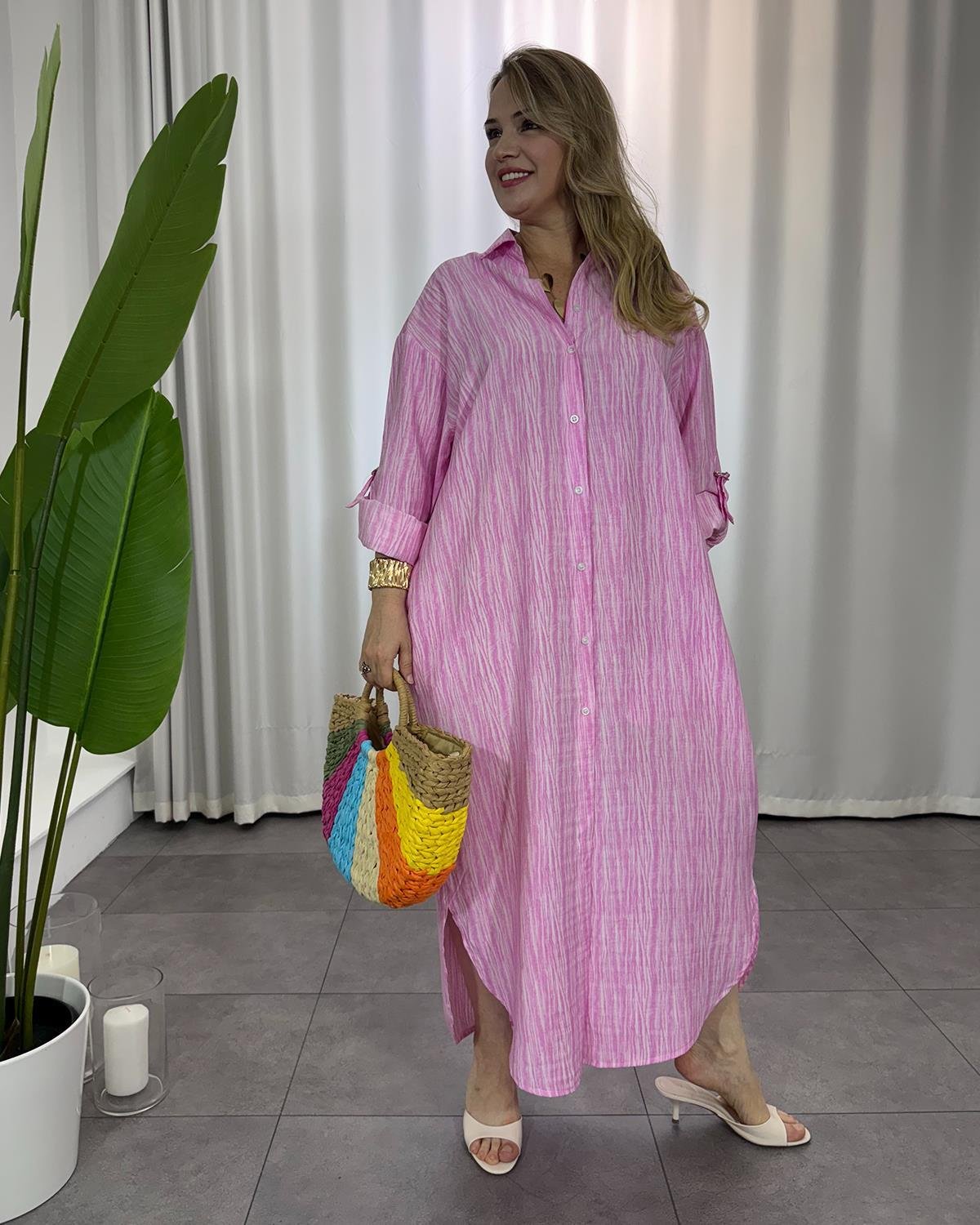 Selly Gömlek Elbise Pembe