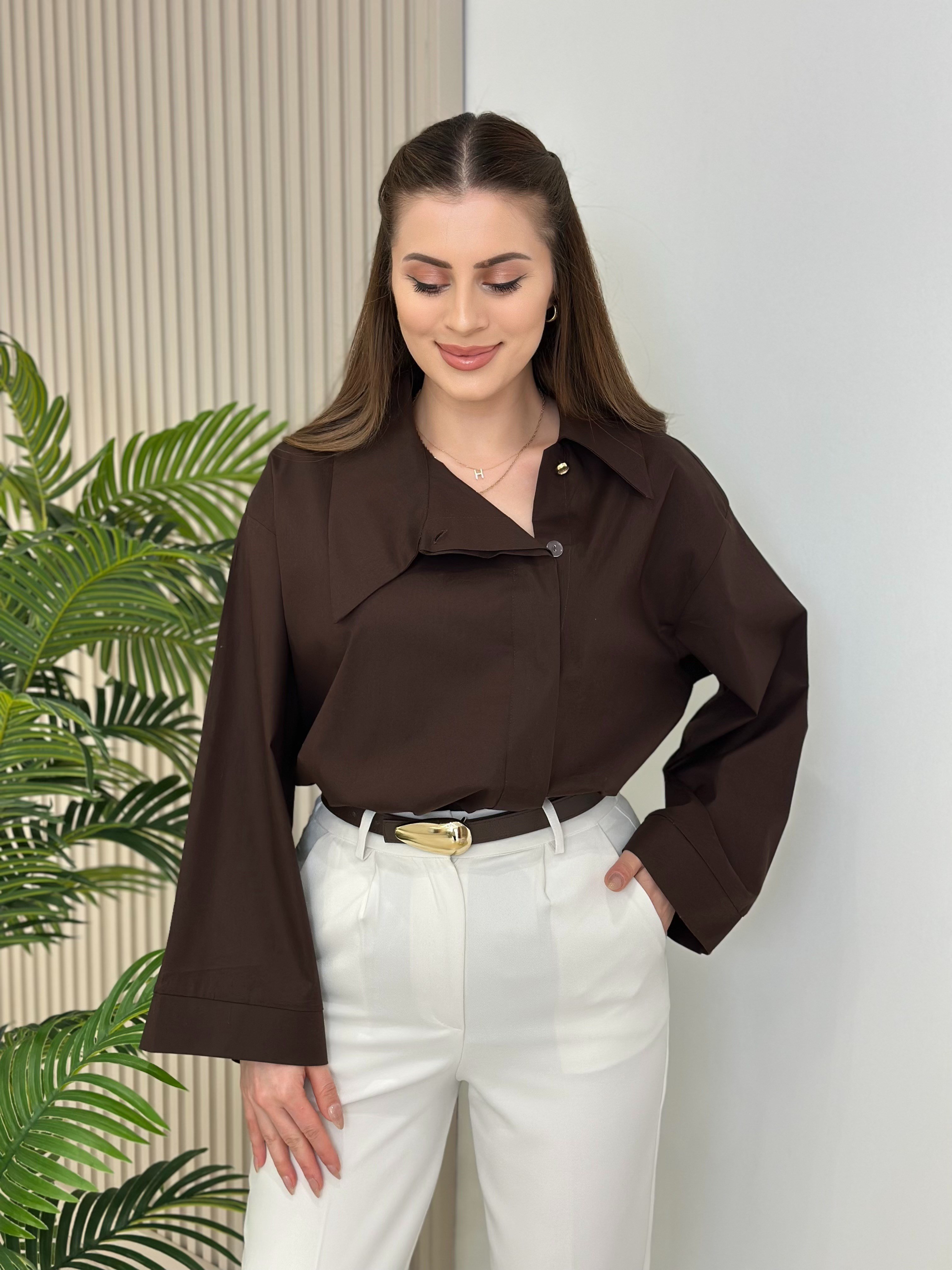 Asimetrik Yaka Oversıze Poplin Gömlek Kahve