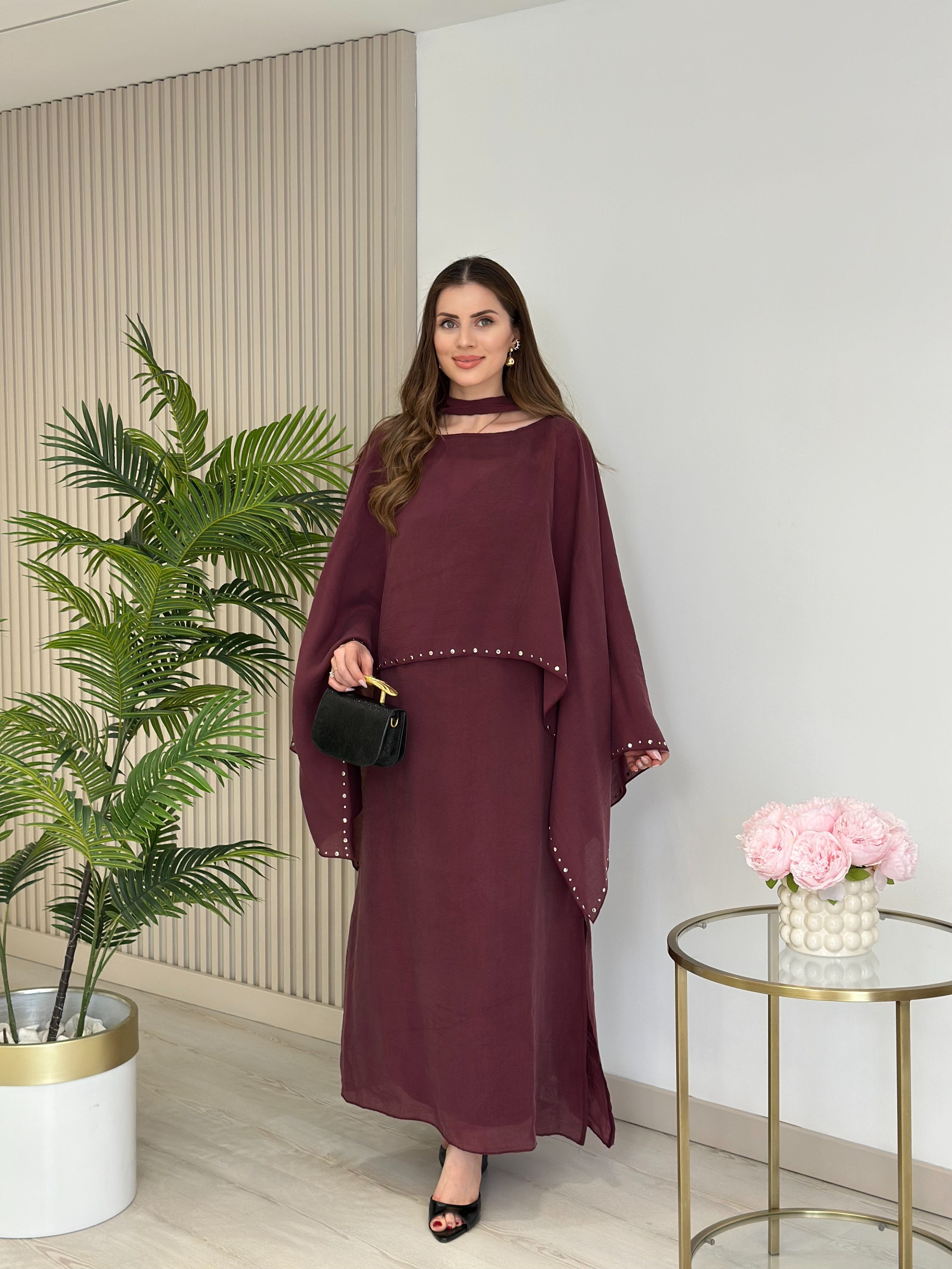Bambu Kumaş Pelerin Elbise Takım Bordo