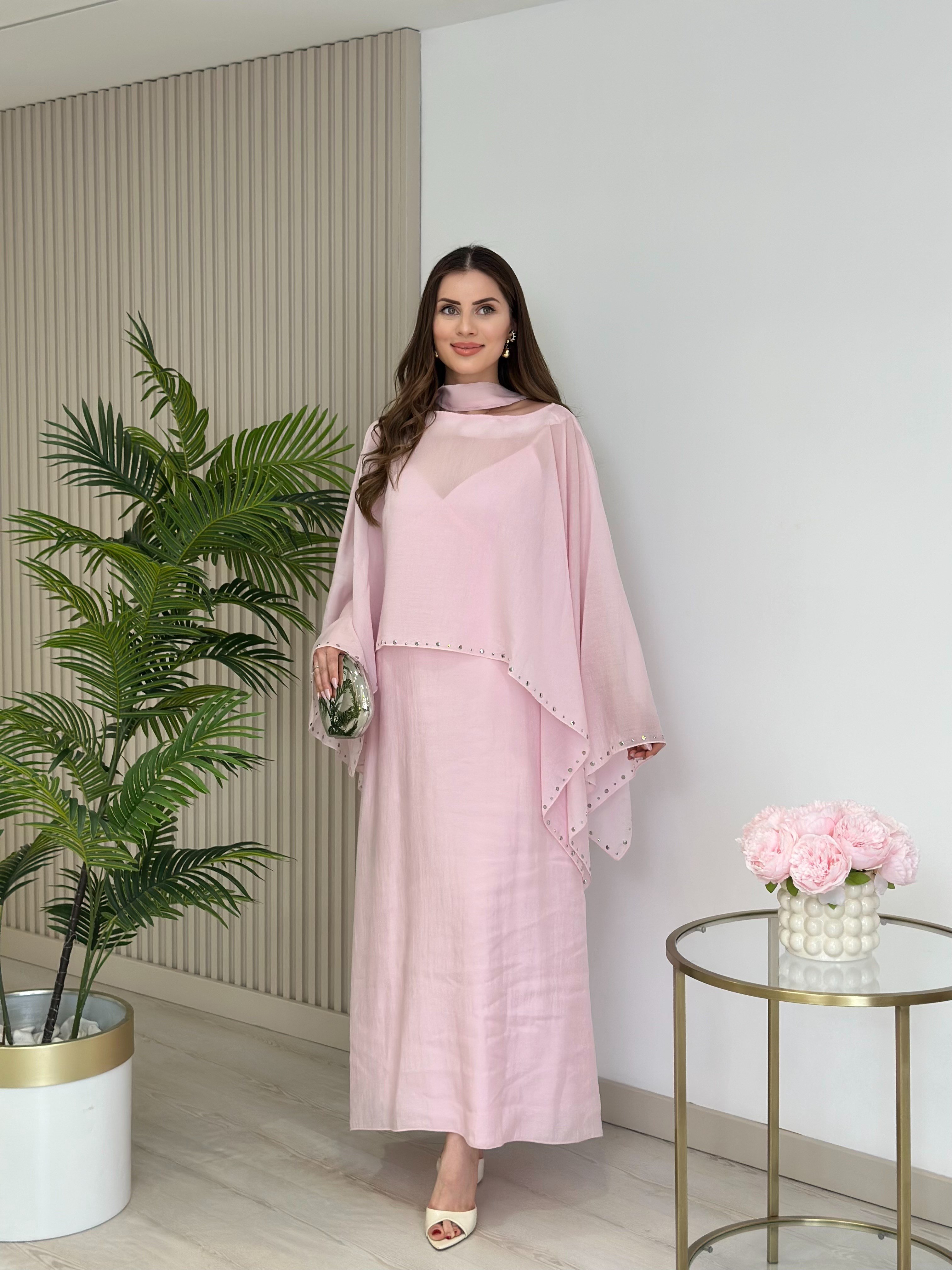 Bambu Kumaş Pelerin Elbise Takım Pembe