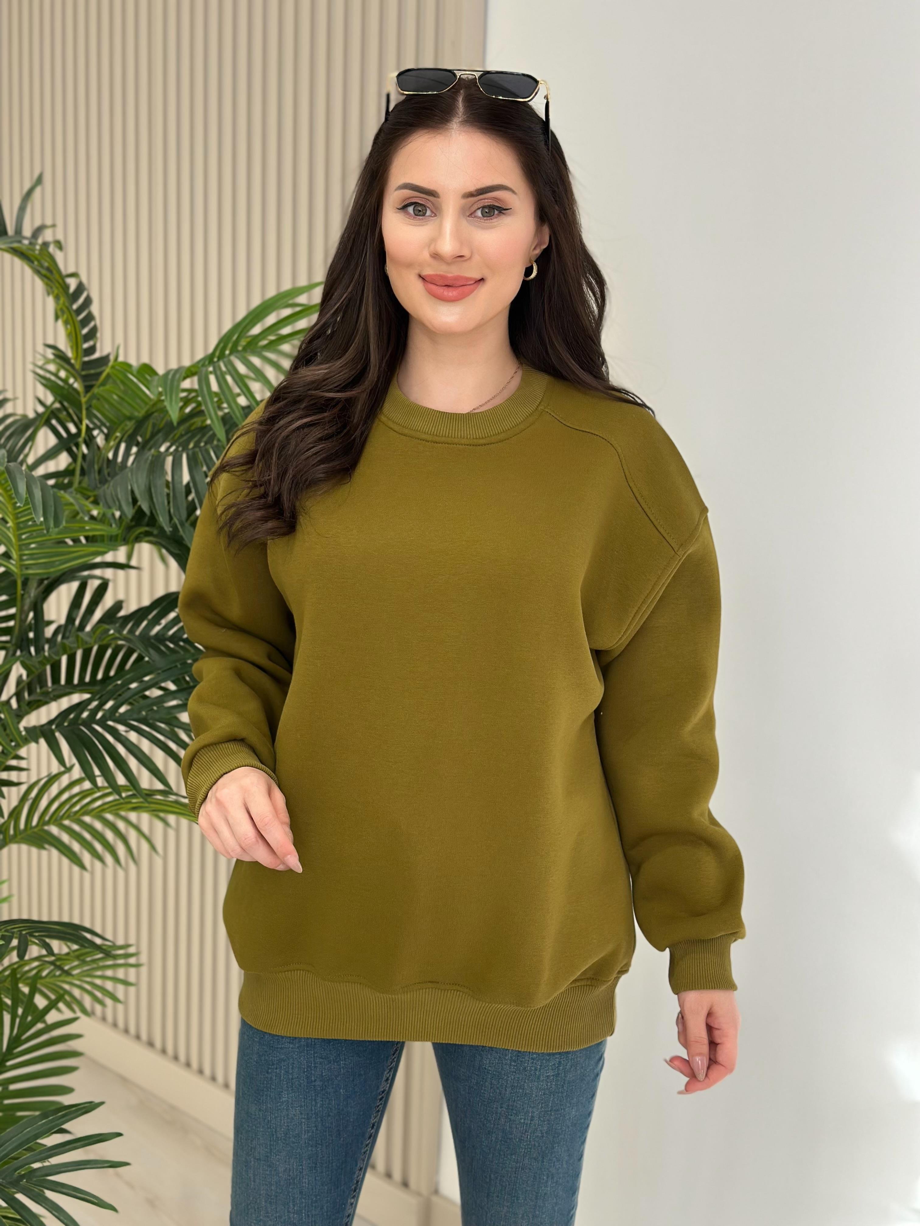 Basıc Sıfır Yaka Sweatshirt Yağ Yeşil