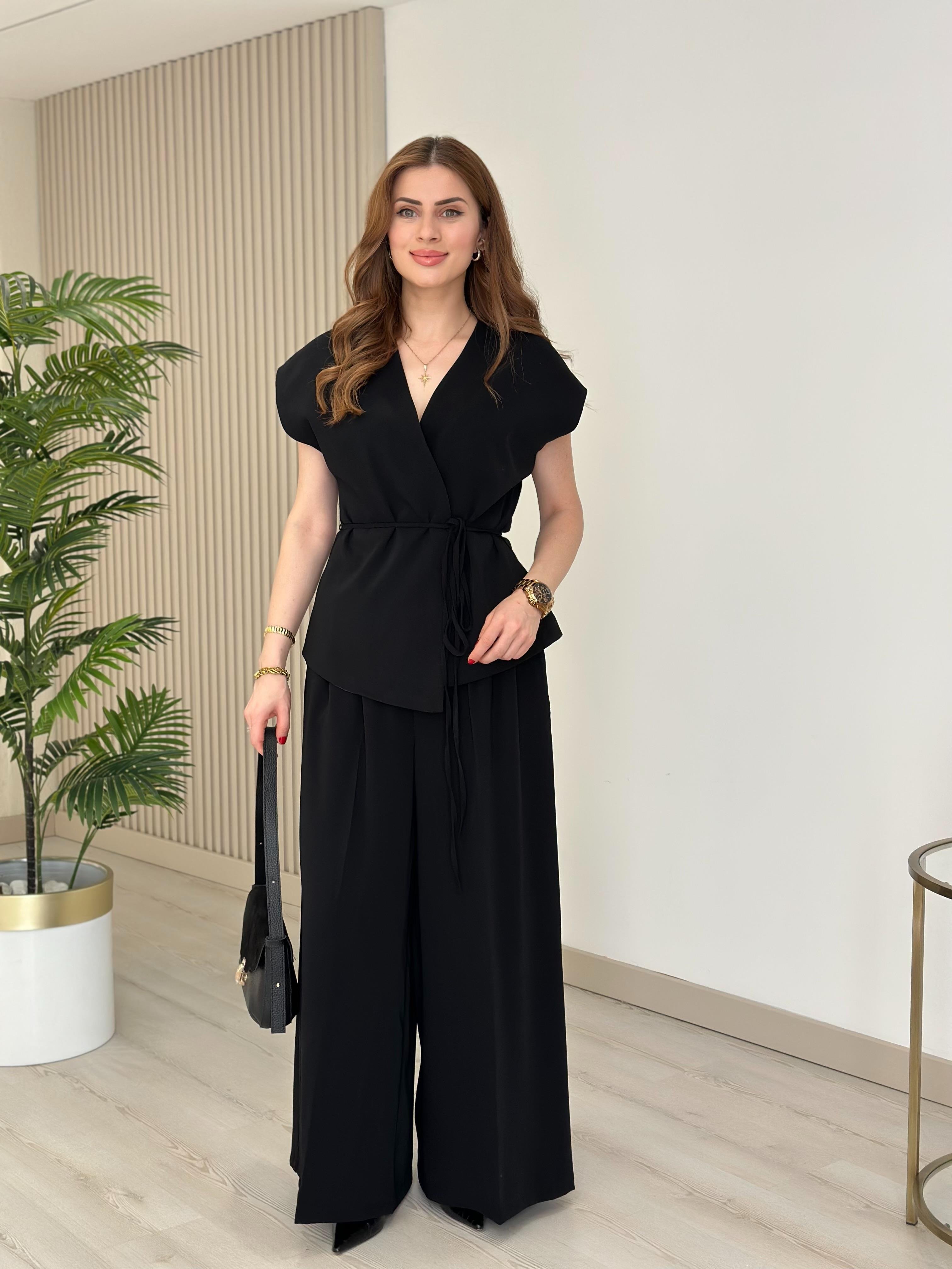 Beli Bağlamalı Premium Yelek Pantolon Takım Siyah