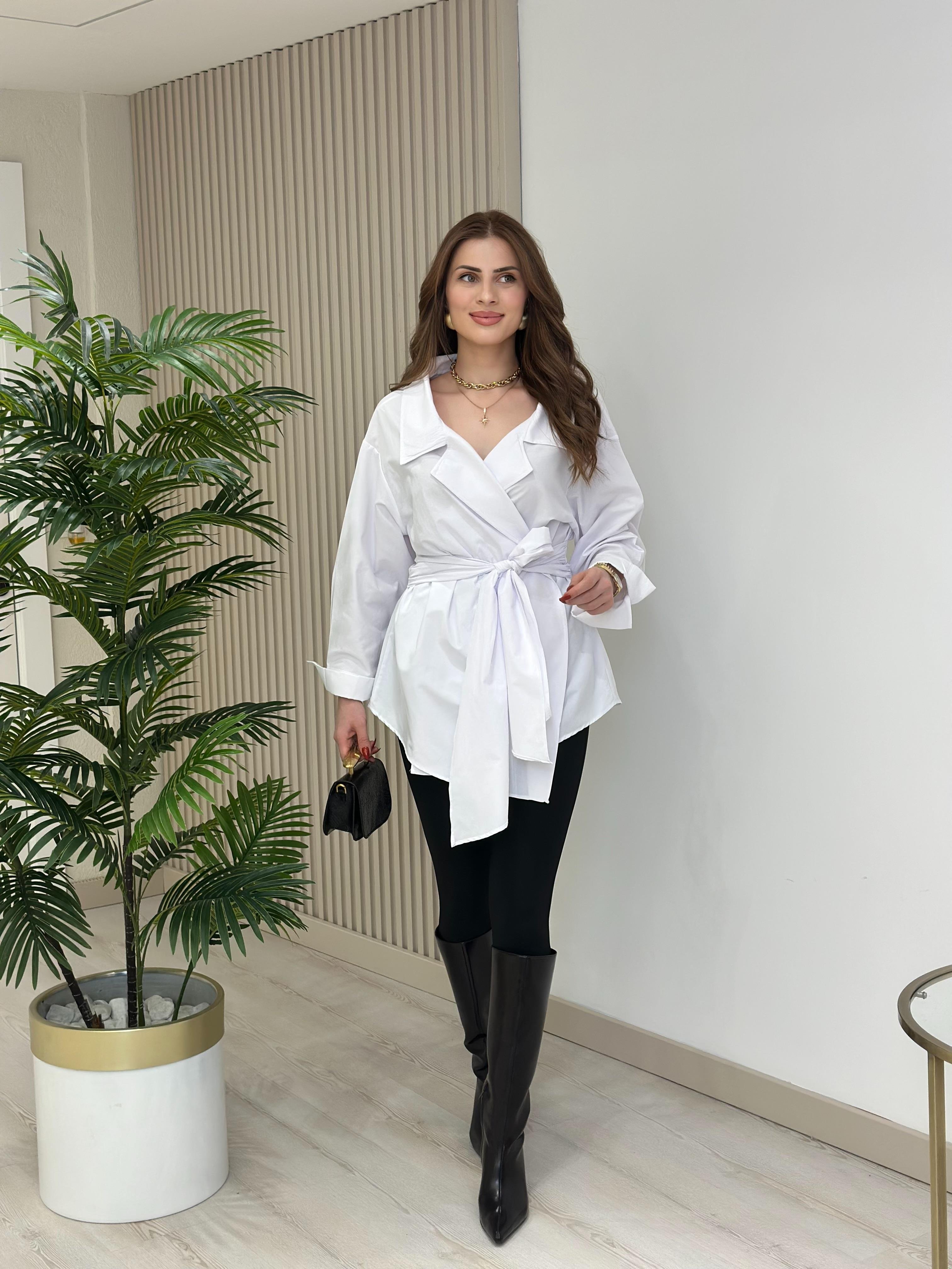 Beli Bağlamalı Tasarım Poplin Kumaş Bluz Beyaz · 7