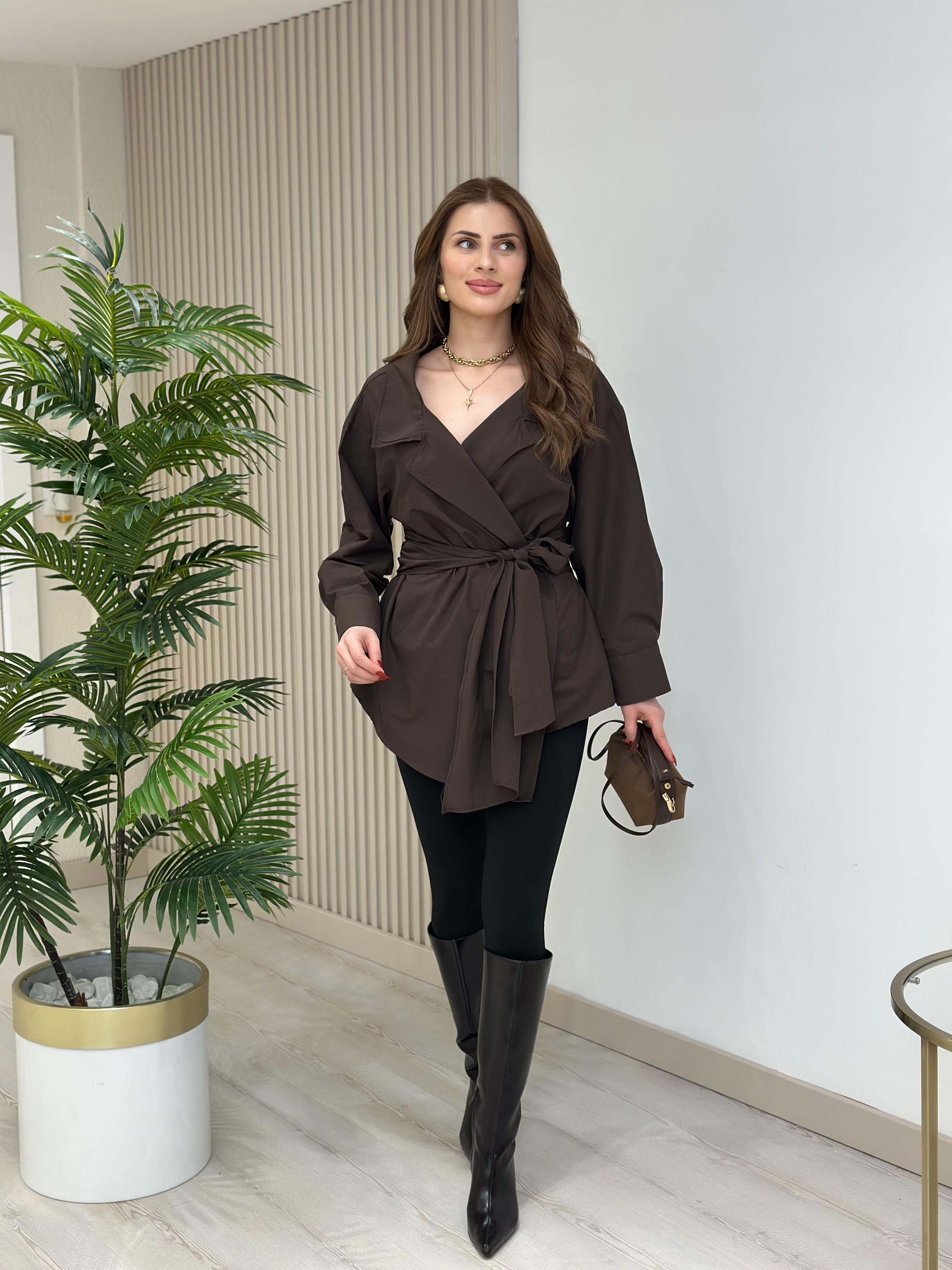 Beli Bağlamalı Tasarım Poplin Kumaş Bluz Kahverengi · 5