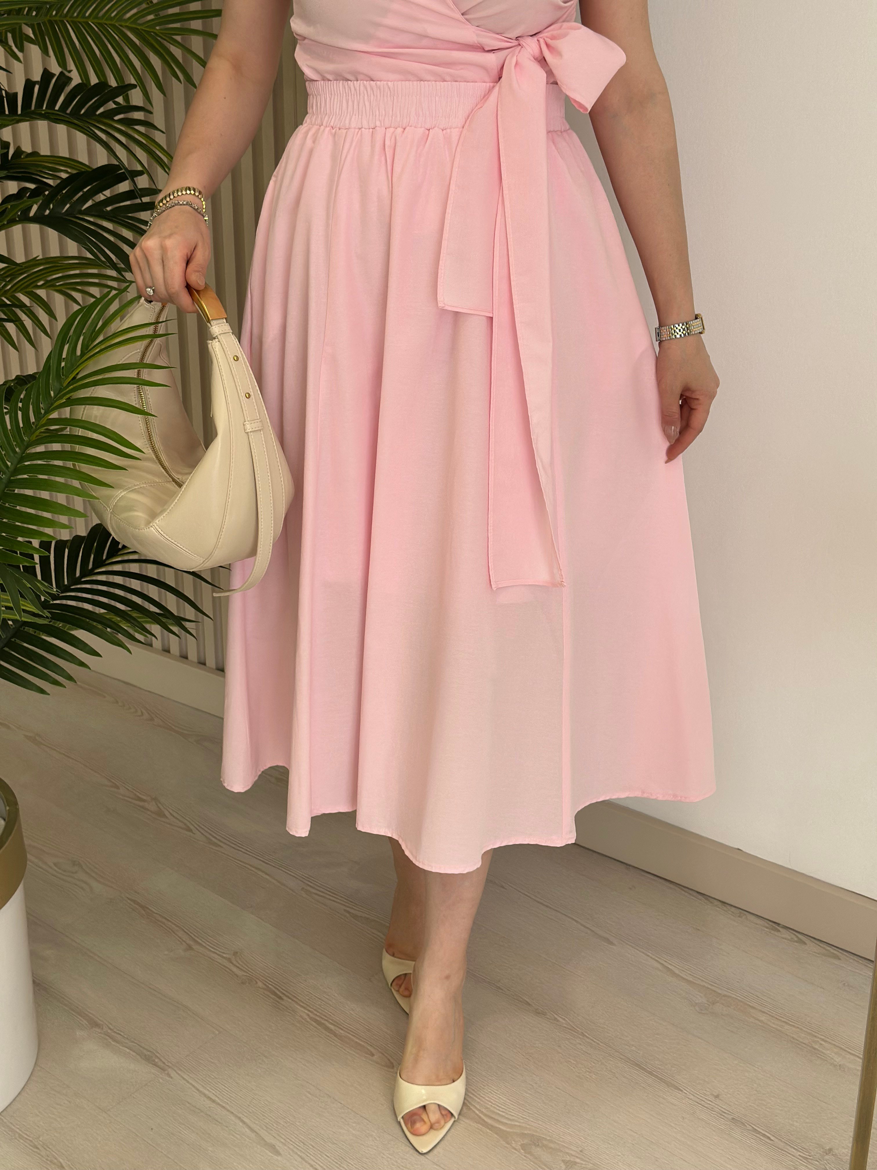 Beli Lastikli Cepli Poplin Kumaş Etek Pembe