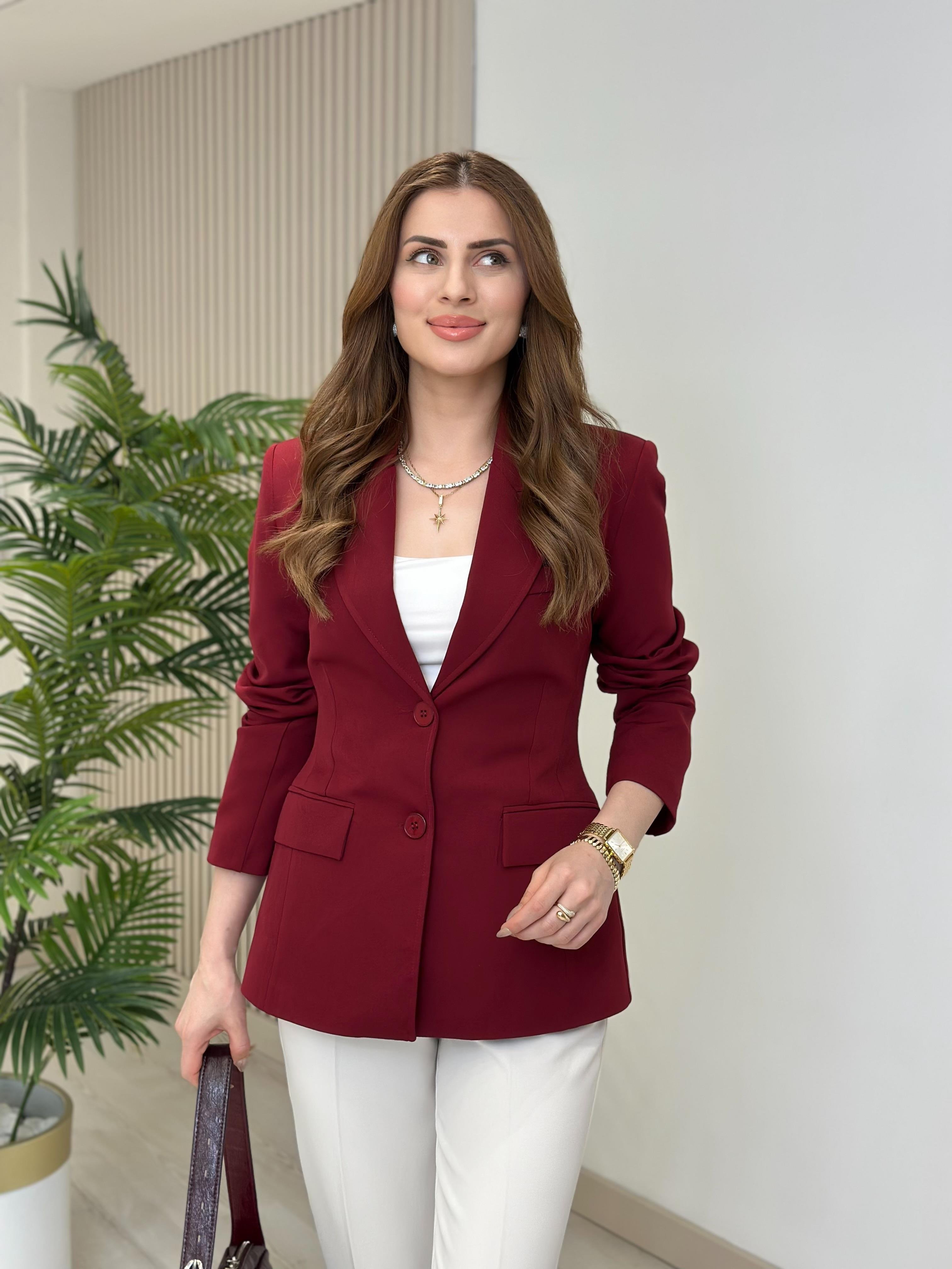 Beli Pensli Düğmeli Blazer Ceket Bordo