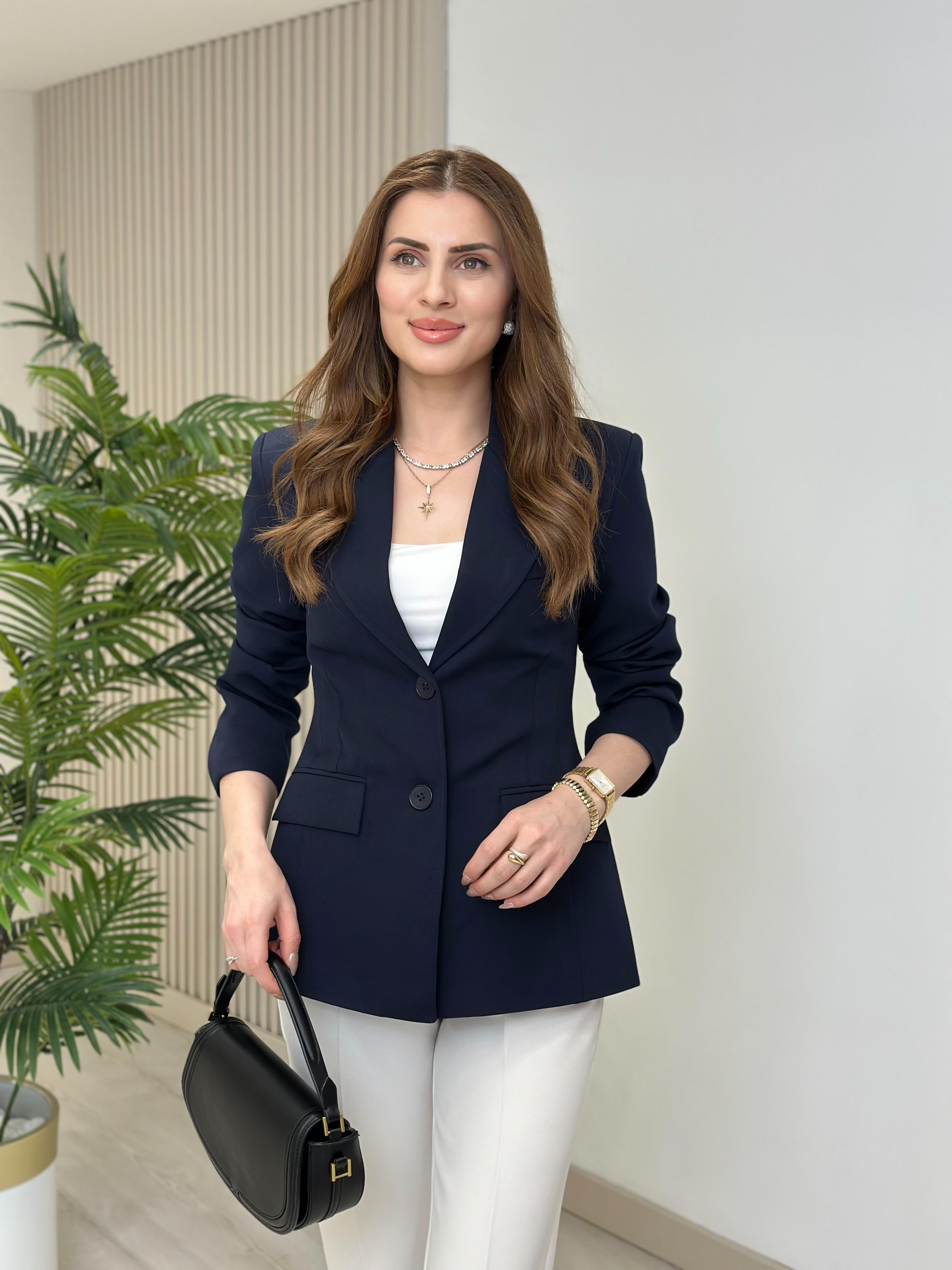 Beli Pensli Düğmeli Blazer Ceket Lacivert