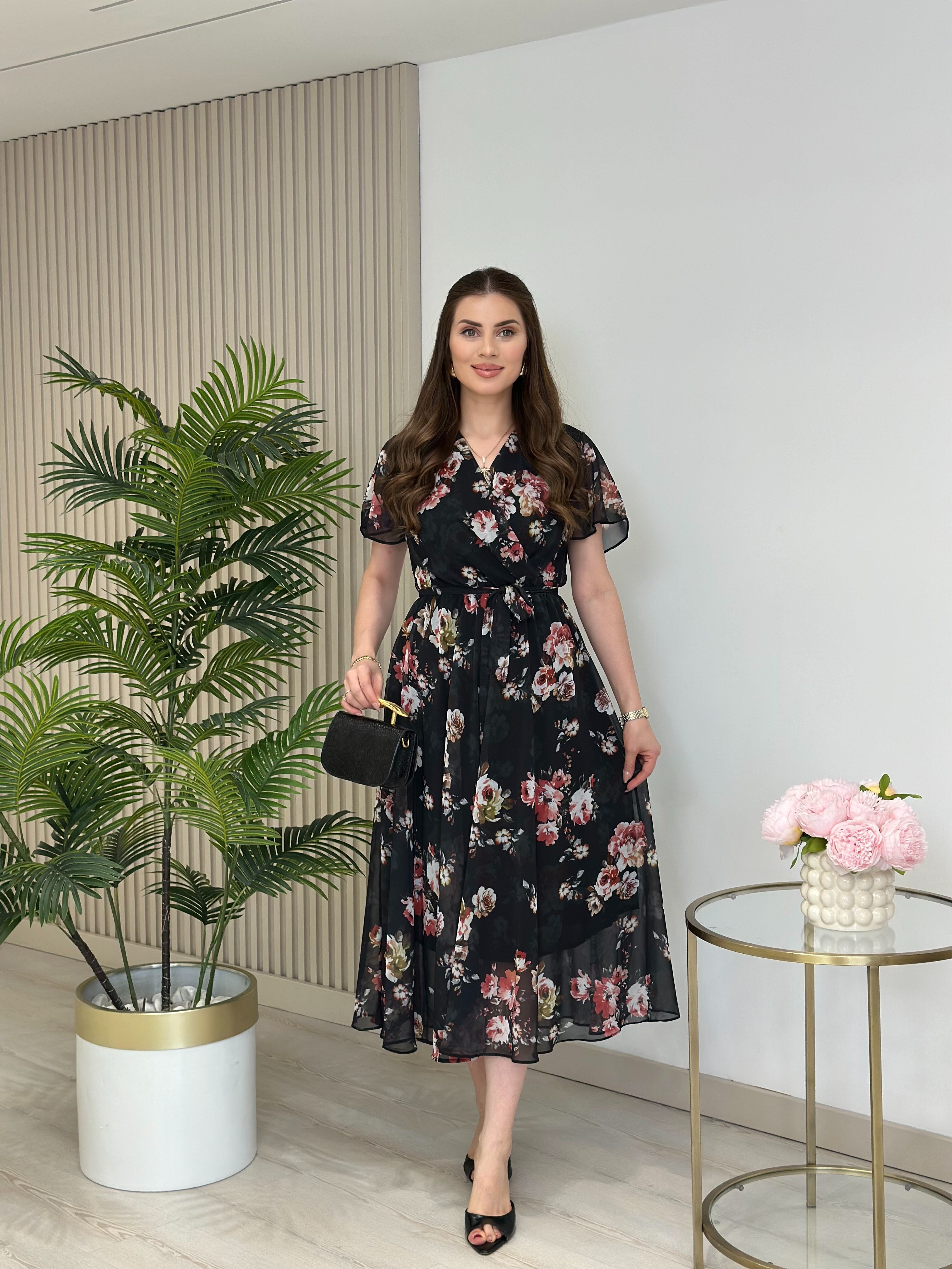 Çiçekli Şifon Beli Lastikli Elbise Siyah