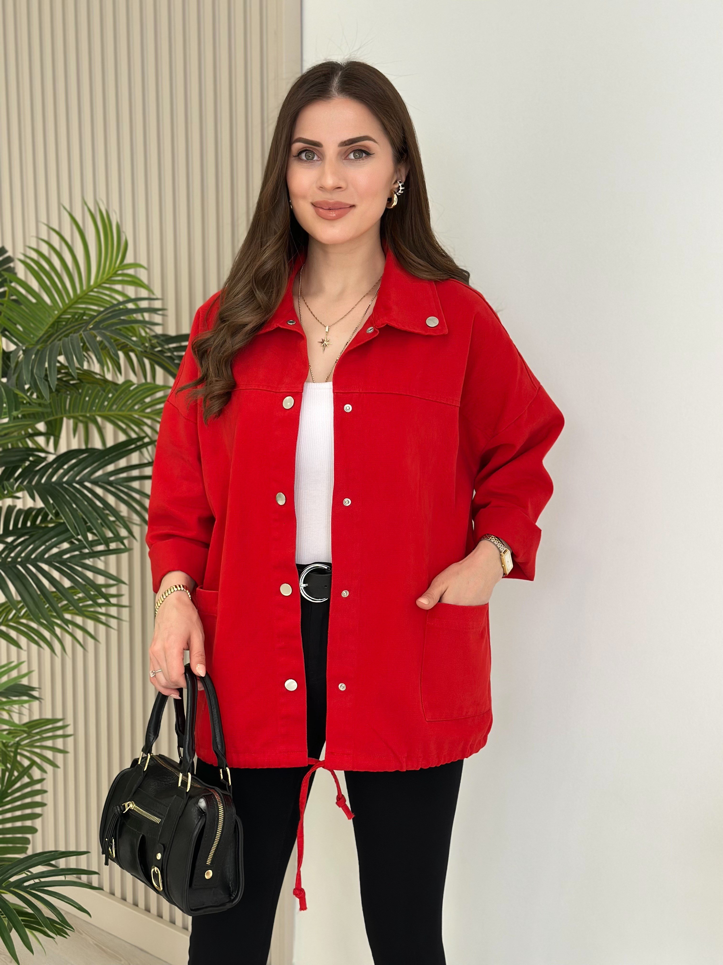 Çıtçıtlı Oversıze Gabardin Ceket Kırmızı