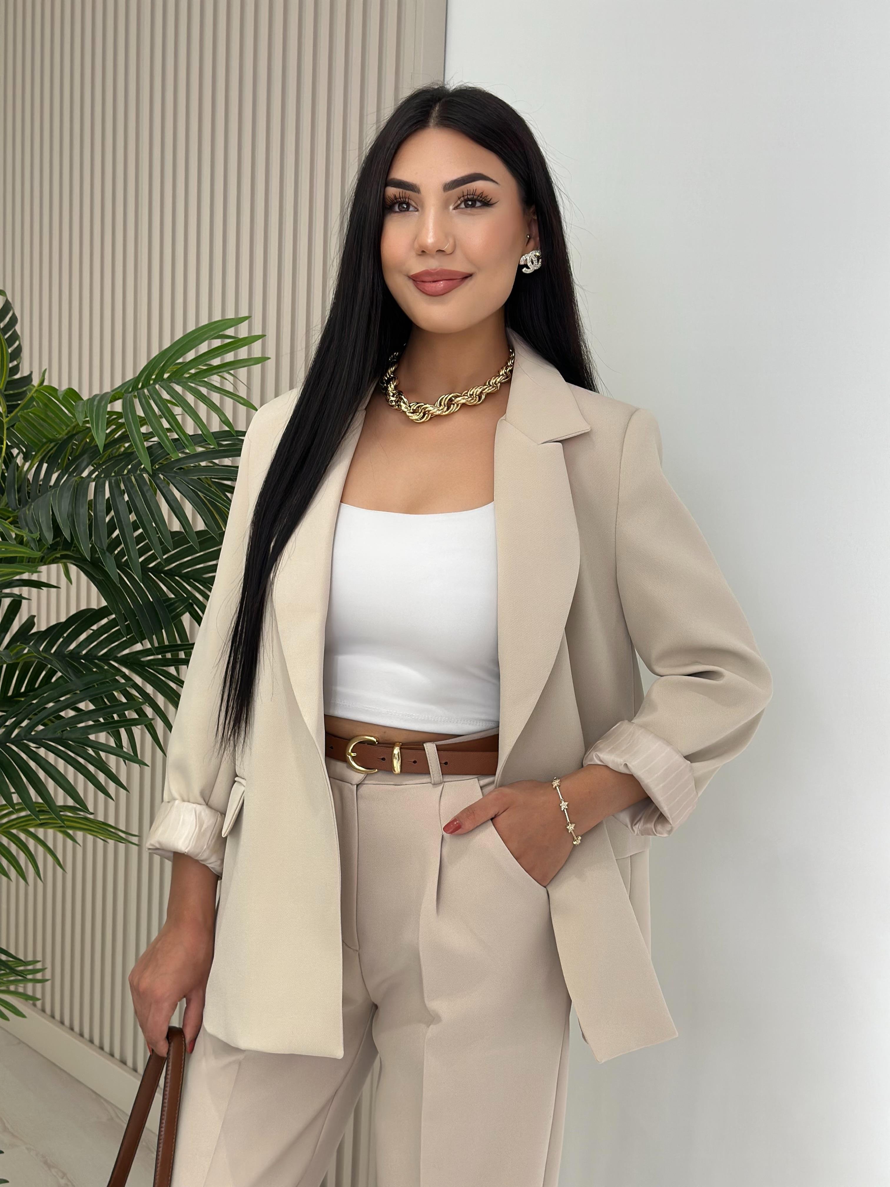Çizgili Astarlı Blazer Ceket Bej