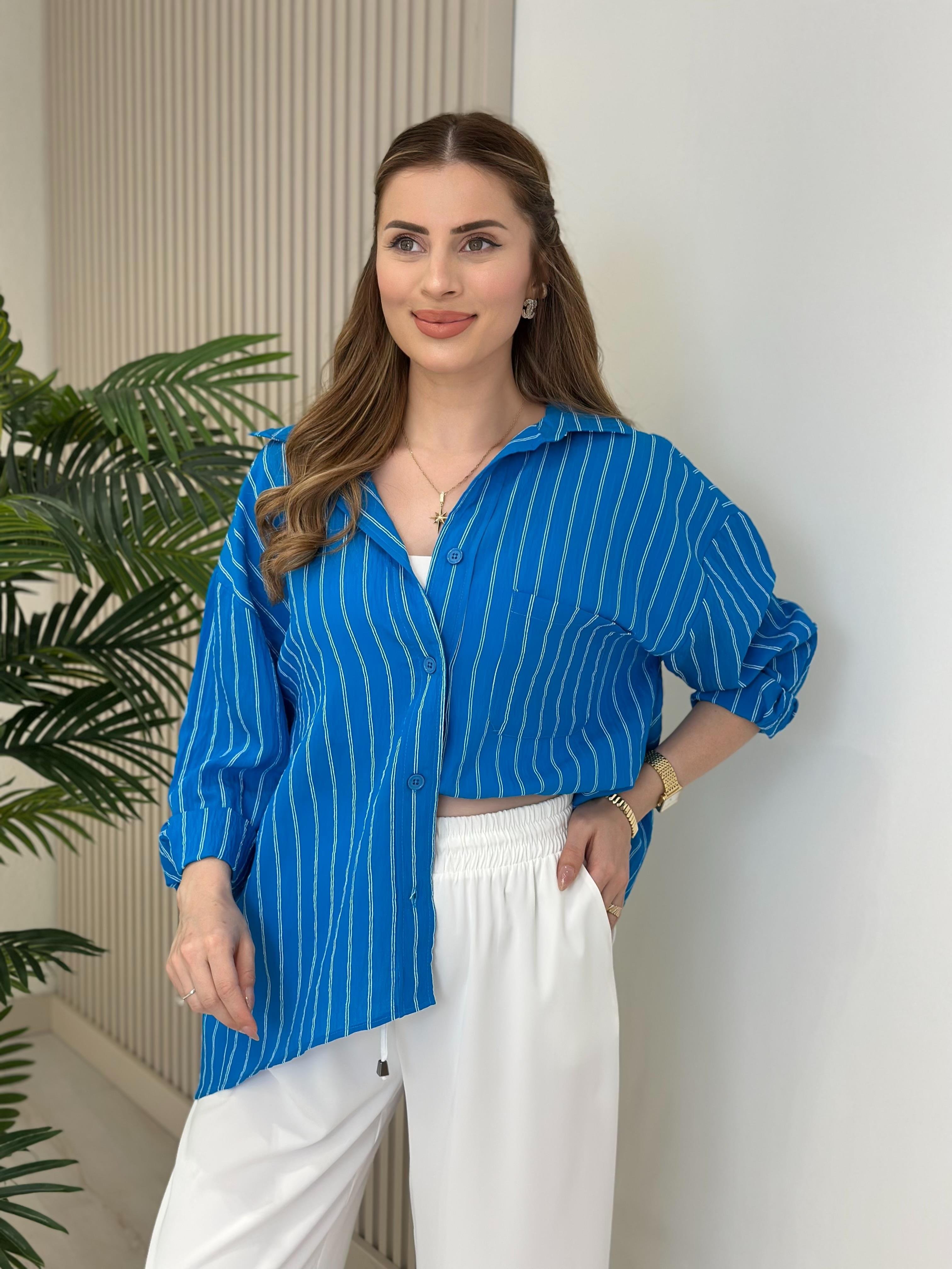 Çizgili Salaş Bambu Gömlek Mavi