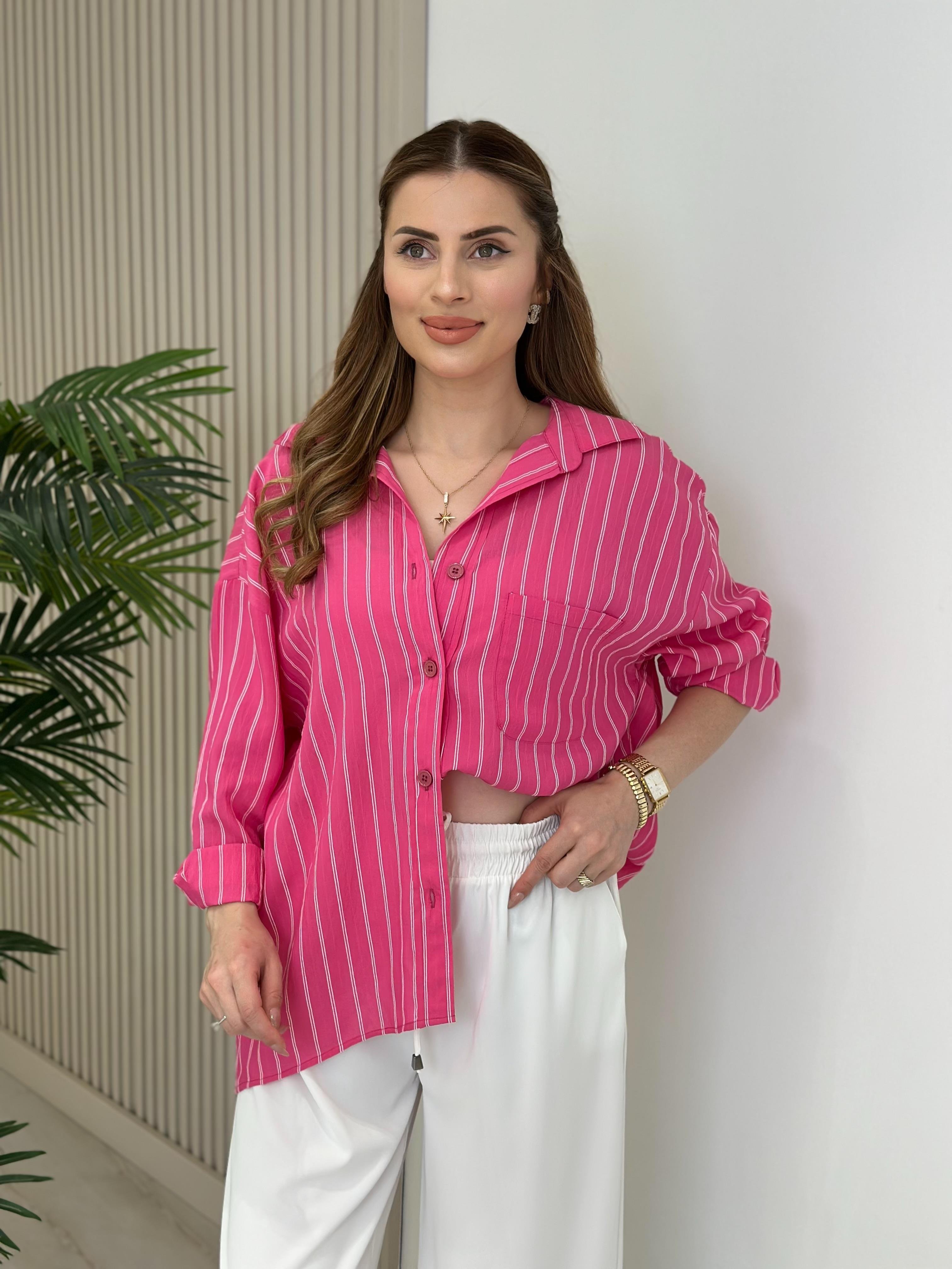 Çizgili Salaş Bambu Gömlek Pembe