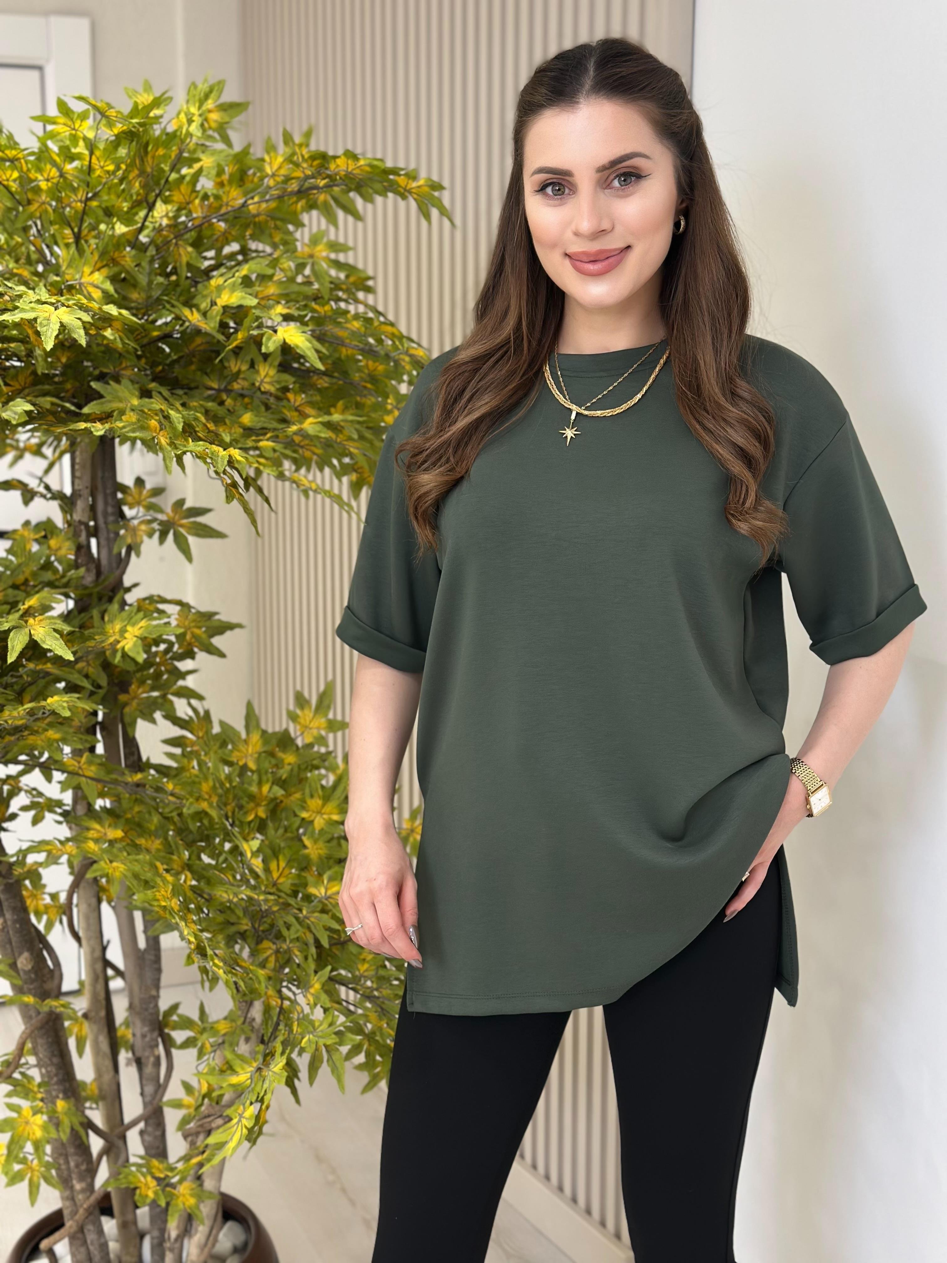Double Kol Yanları Yırtmaçlı Tok Dokulu Modal Kumaş Tshirt Haki