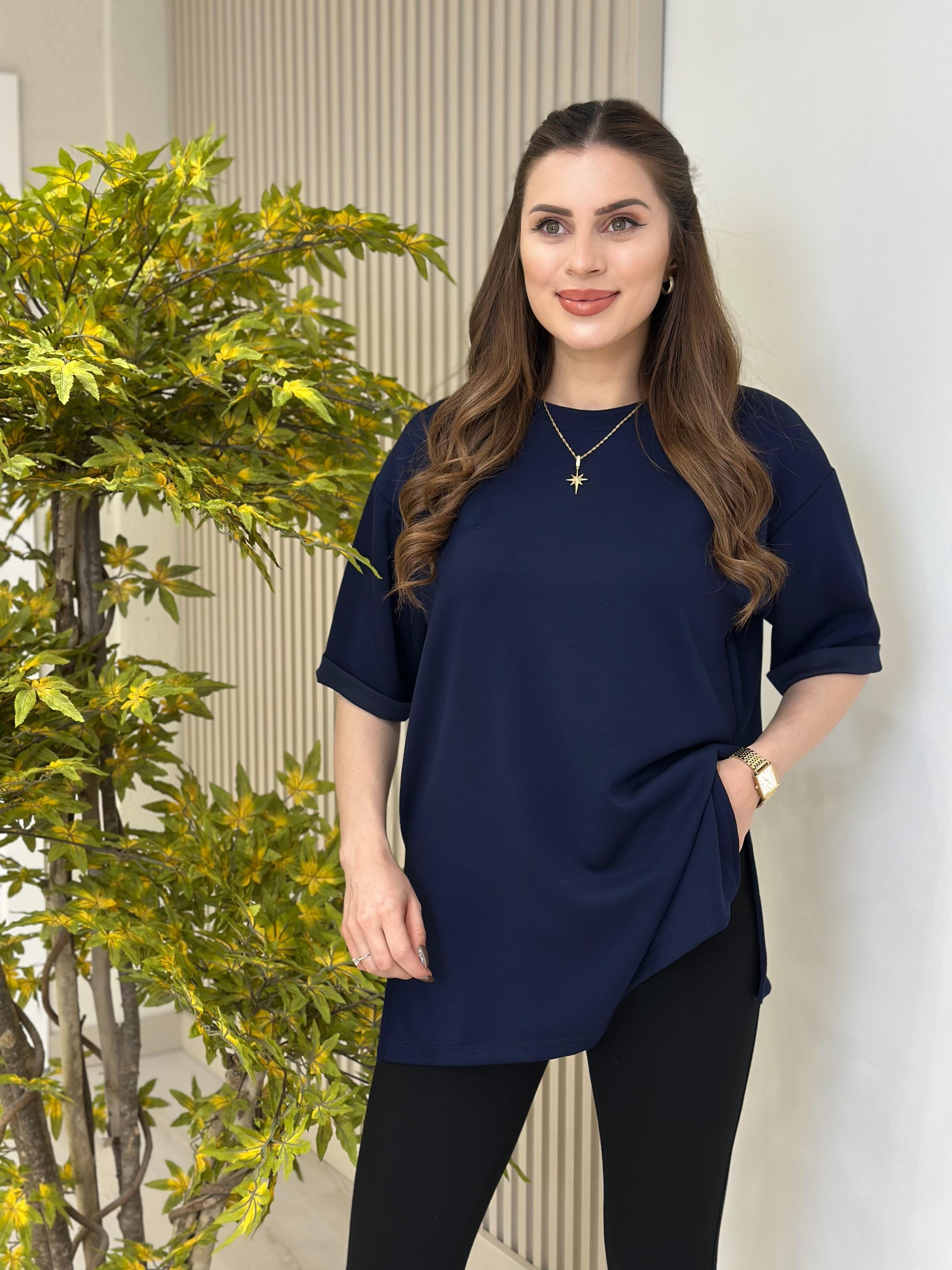 Double Kol Yanları Yırtmaçlı Tok Dokulu Modal Kumaş Tshirt Lacivert