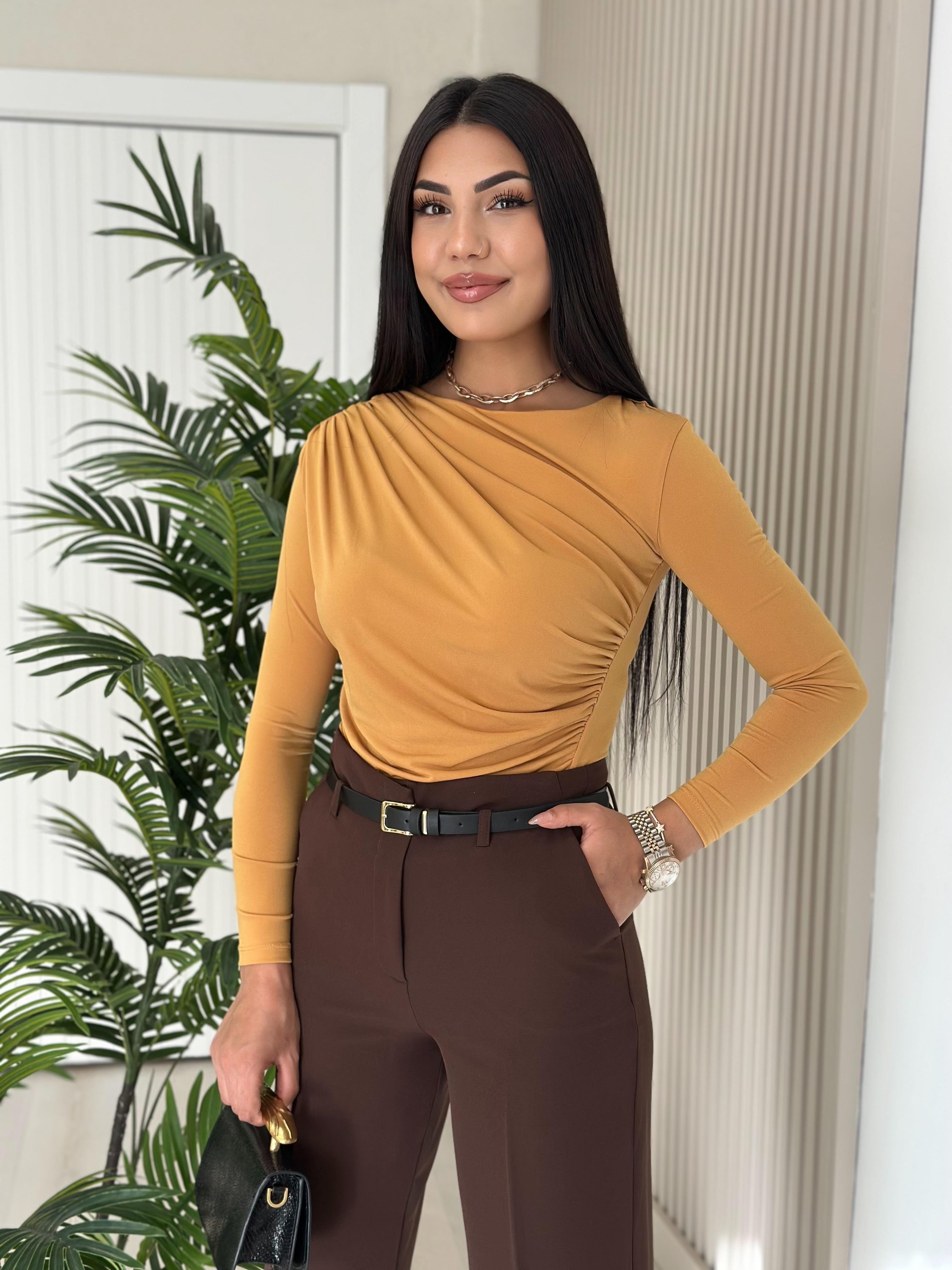 Drapeli Sandy Kumaş Bluz Hardal