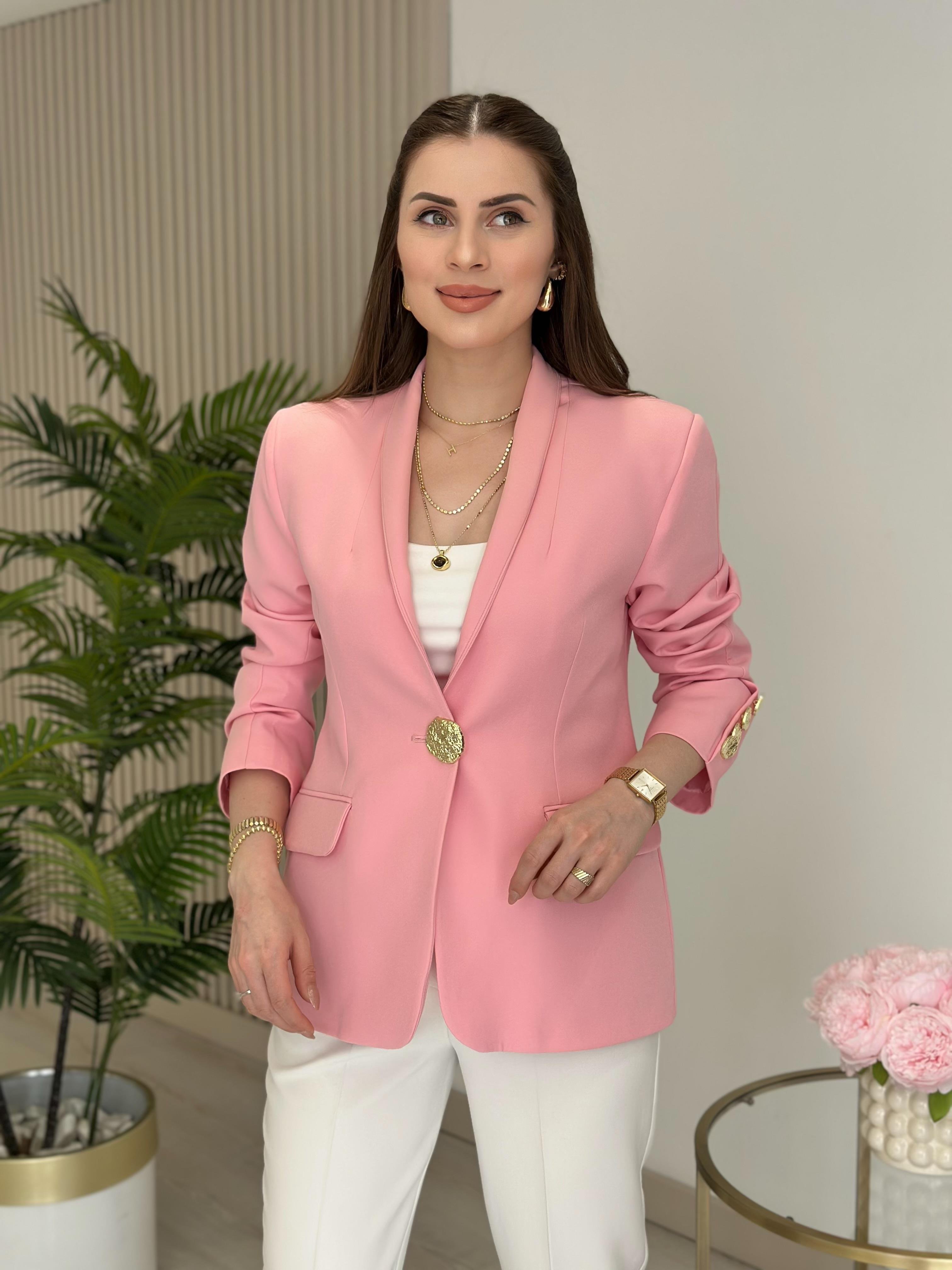 Gold Düğmeli Dik Yaka Blazer Ceket Pembe