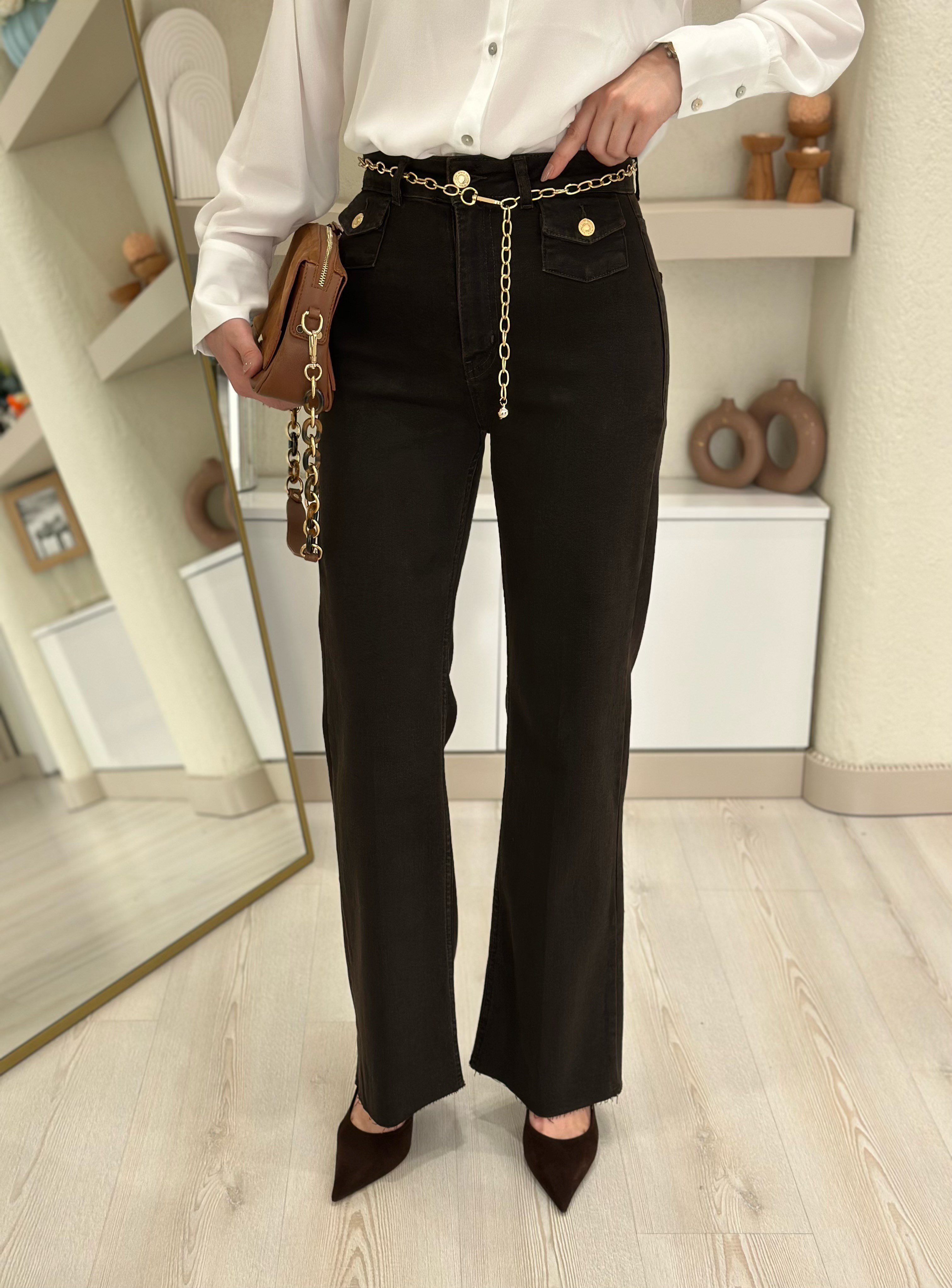 Gold Zincir Kemerli Flare Jean Acı Kahve