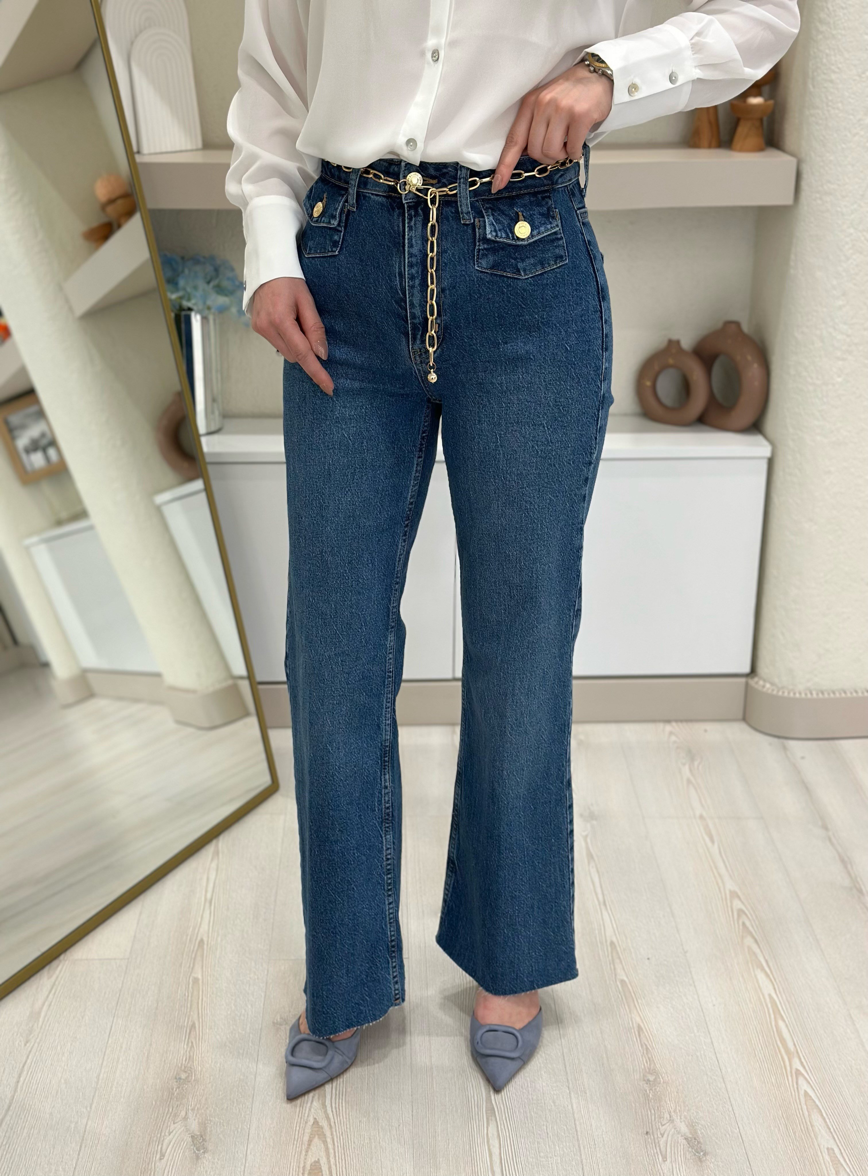 Gold Zincir Kemerli Flare Jean Mavi