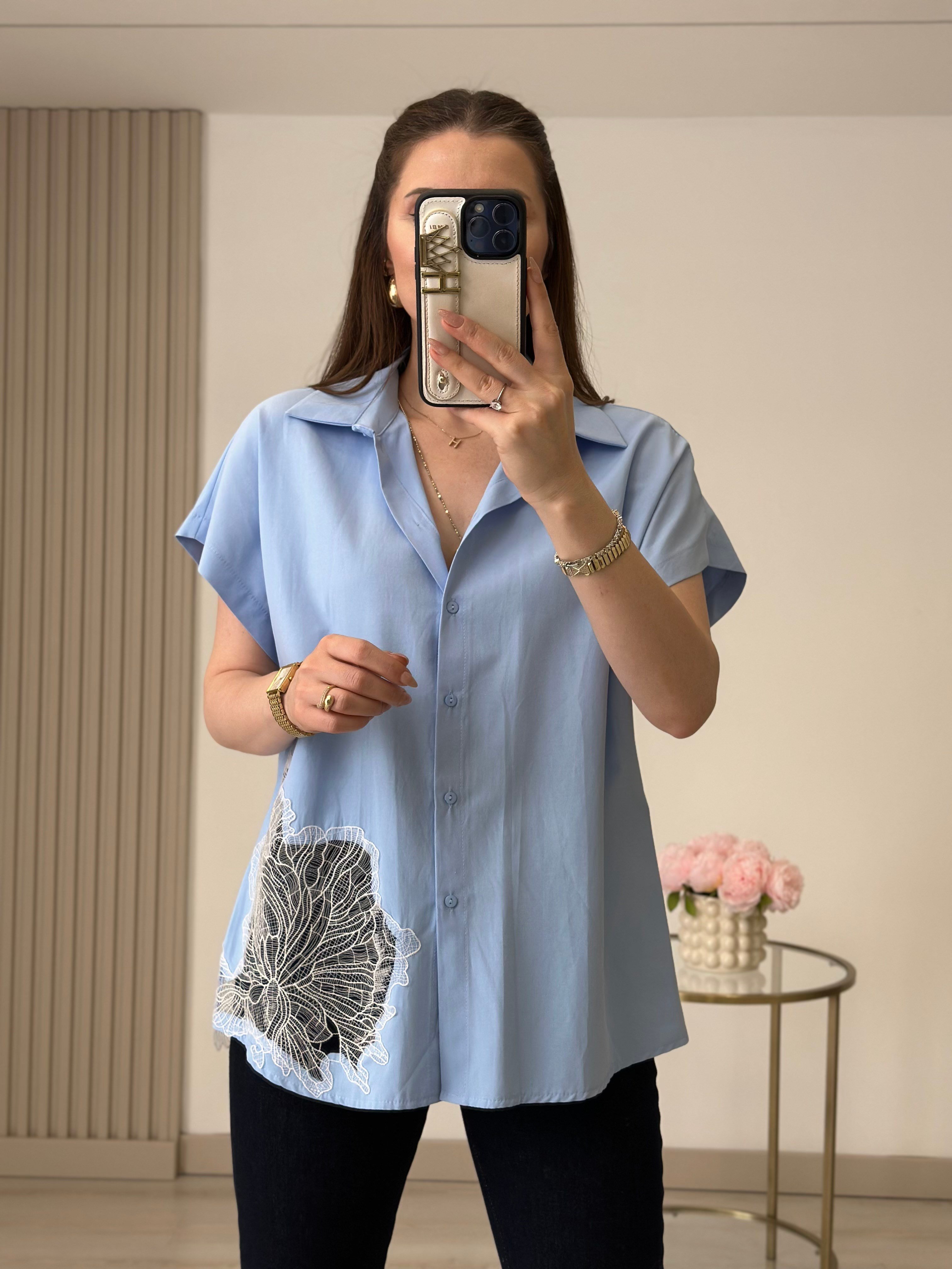 Güpür Detaylı Poplin Gömlek Bebe Mavi