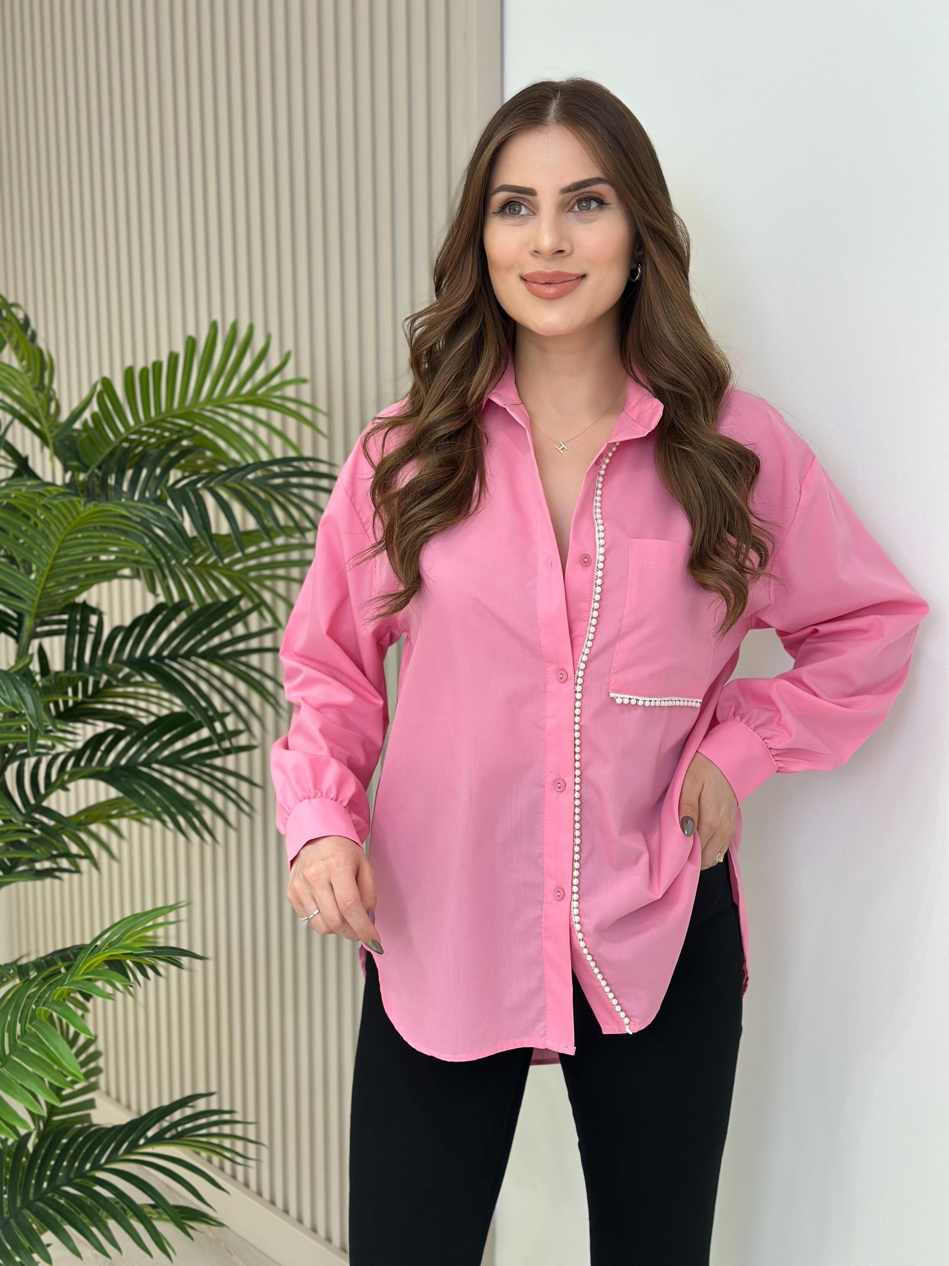 İnci Detaylı Poplin Kumaş Gömlek Pembe