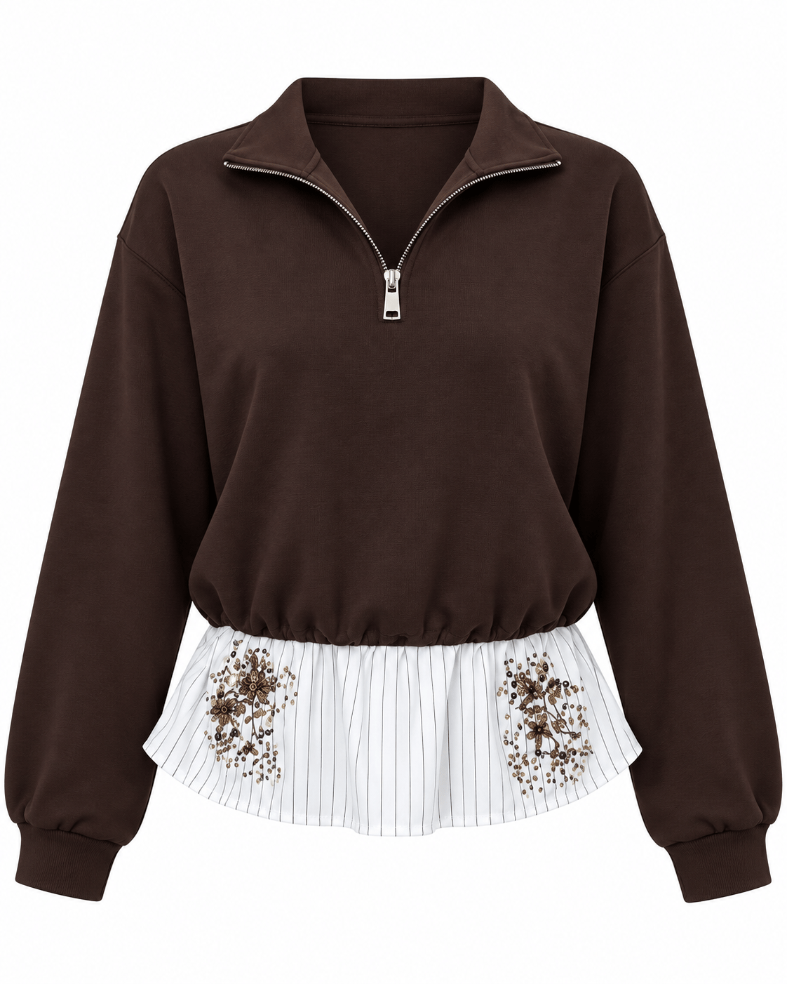 İşleme Detaylı Yakası Fermuarlı Sweatshirt Kahve