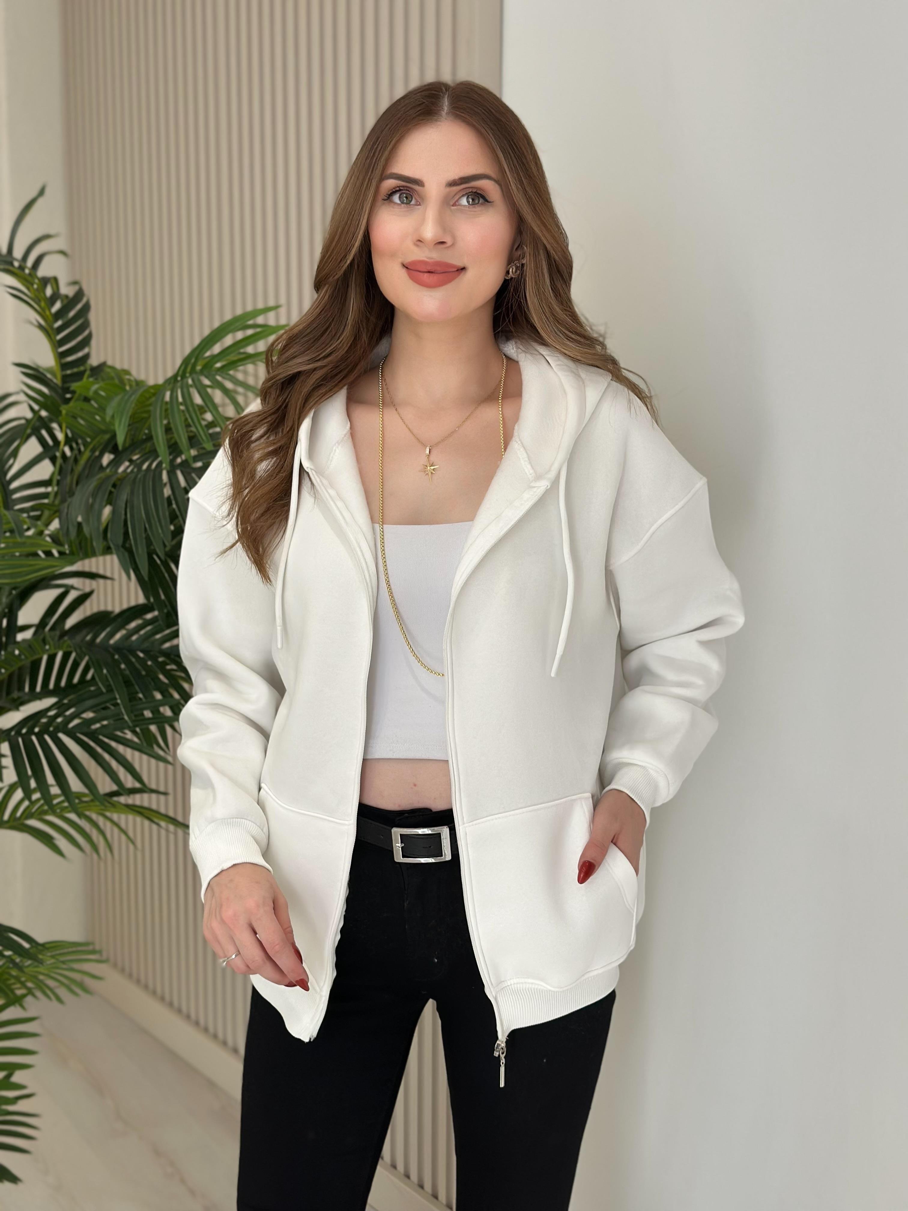 Kapşonlu İçi Şardonlu Basıc Sweat Beyaz