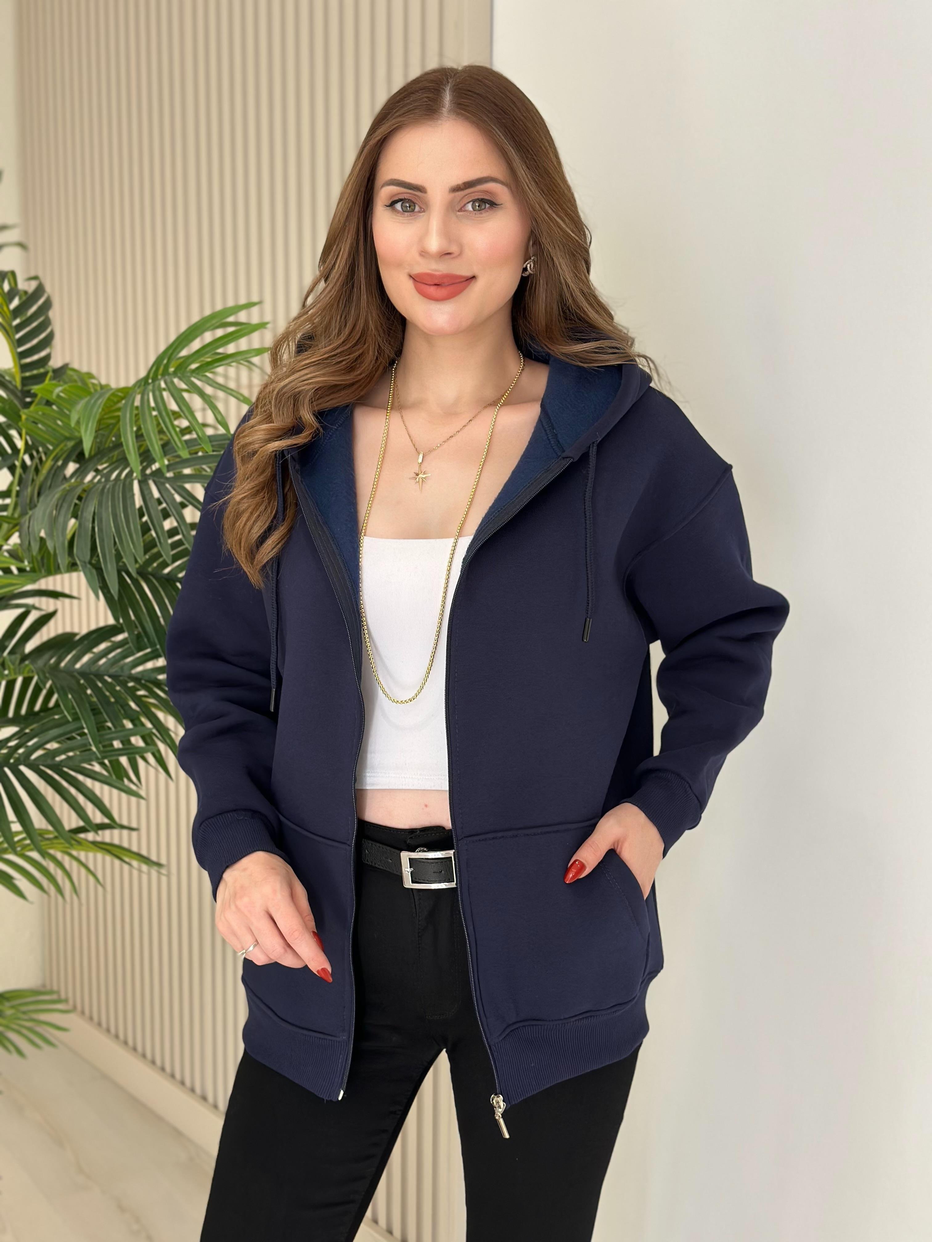 Kapşonlu İçi Şardonlu Basıc Sweat Lacivert 