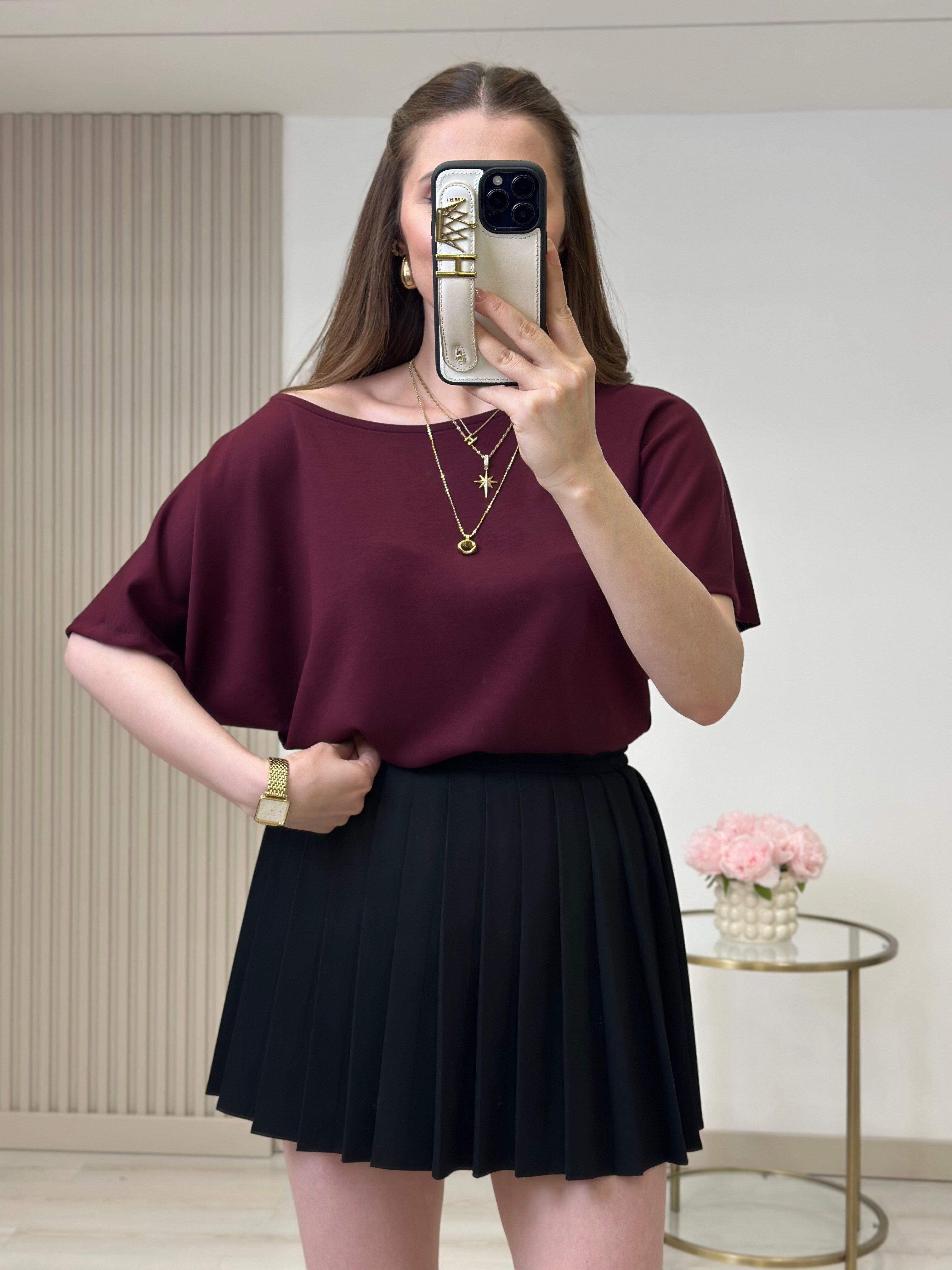 Kayık Yaka Modal Kumaş Tshirt Mürdüm