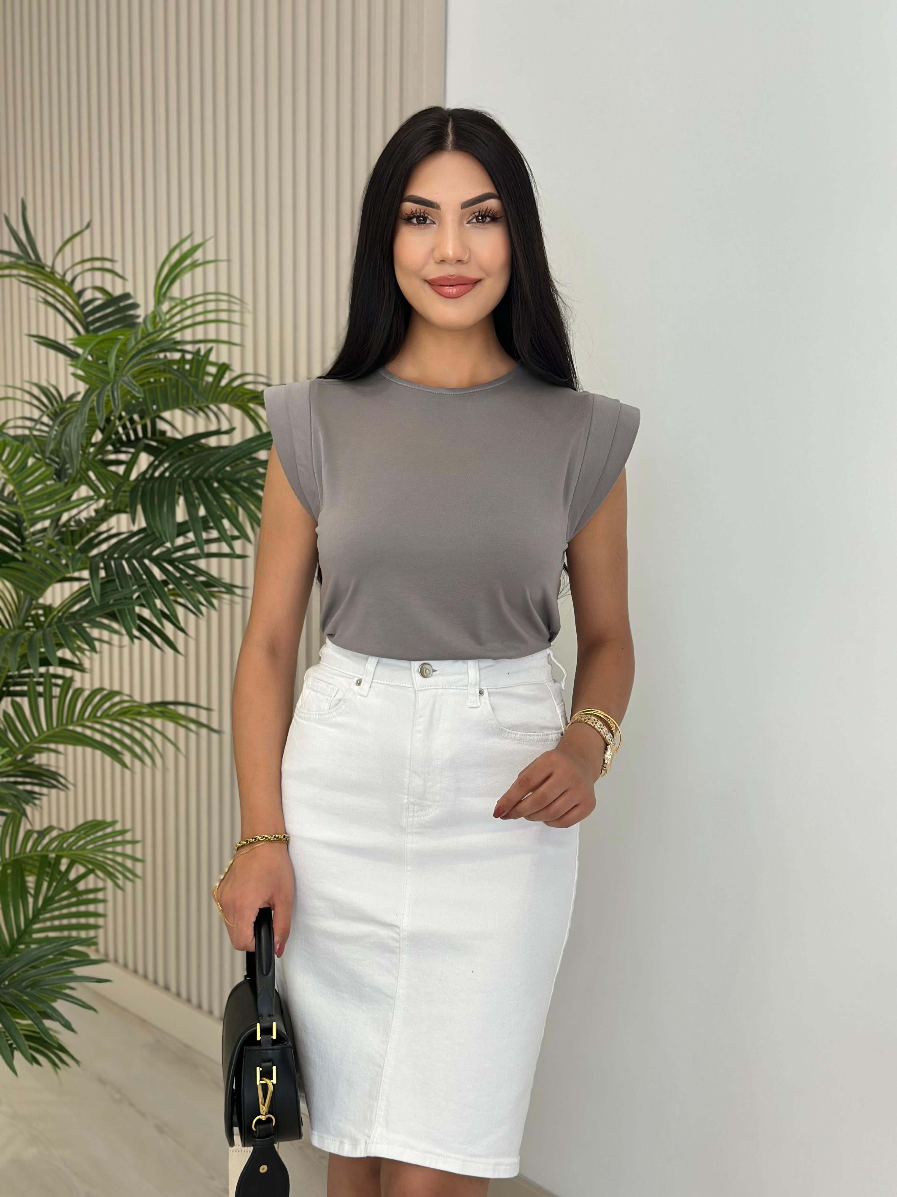 Omuzları Vatkalı Modal Kumaş Tshirt Gri
