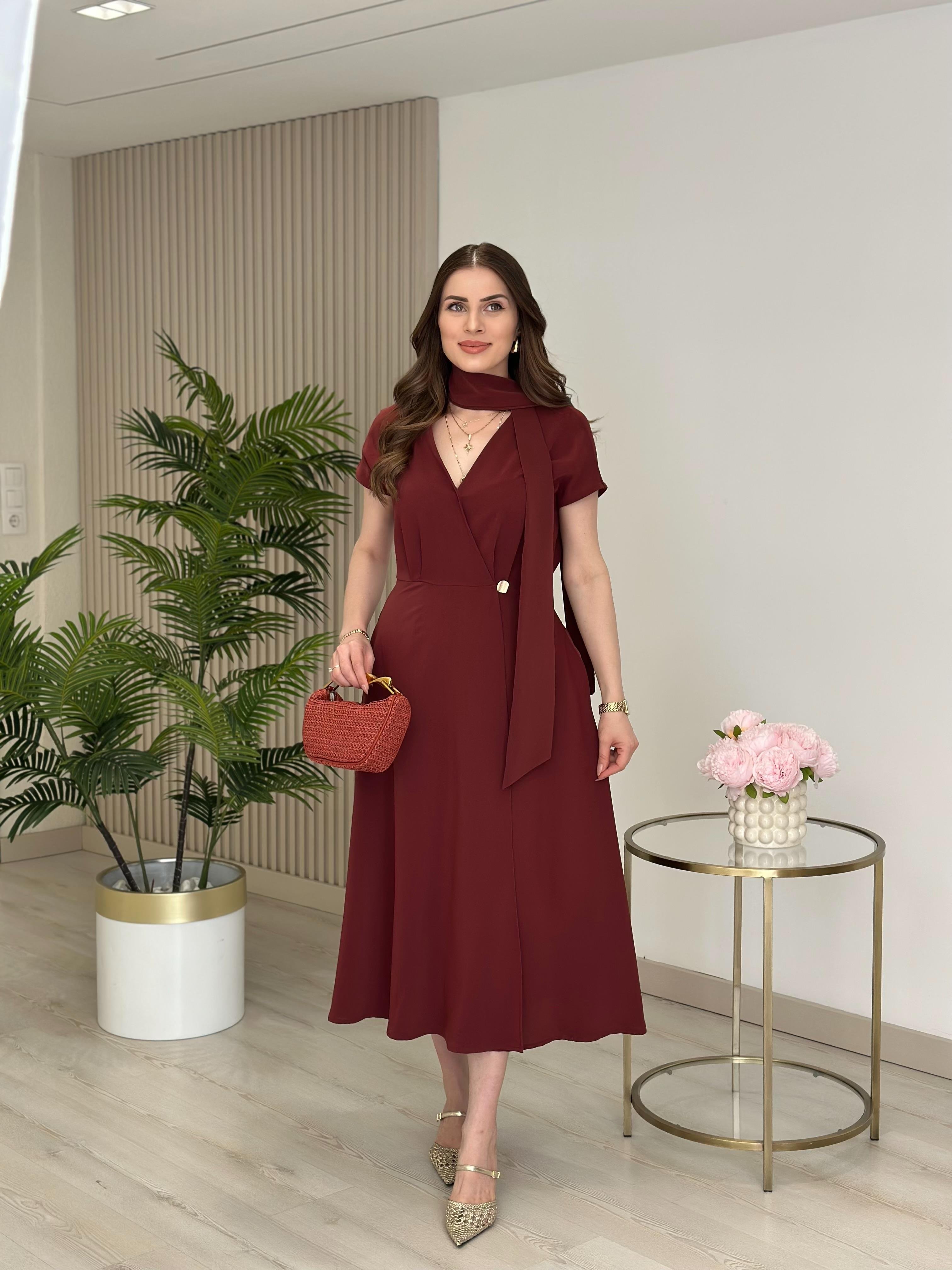 Orj. Marka Beli Gold Düğmeli Fularlı Kruvaze Elbise Kiremit