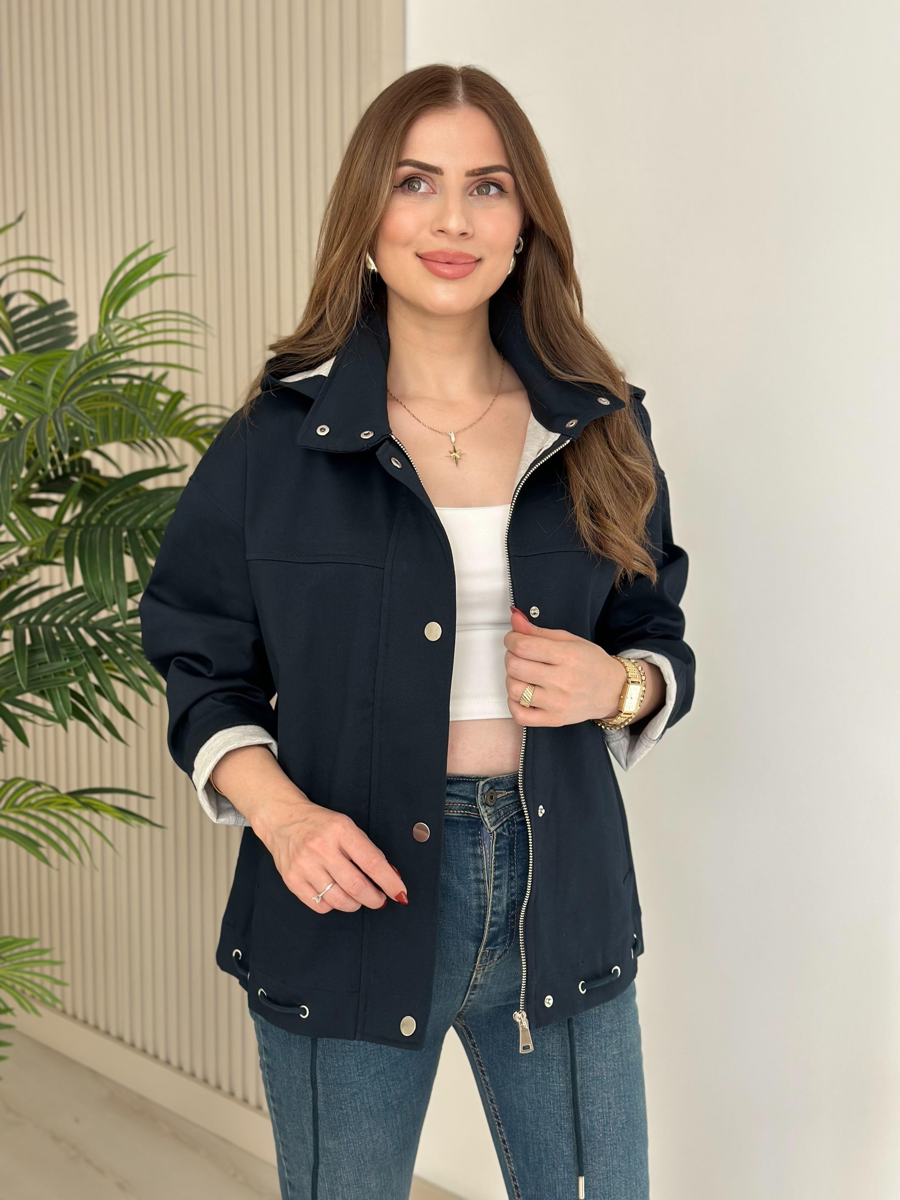 Orj. Marka İçi Penye Kapamalı Kapşonlu Mont Lacivert 