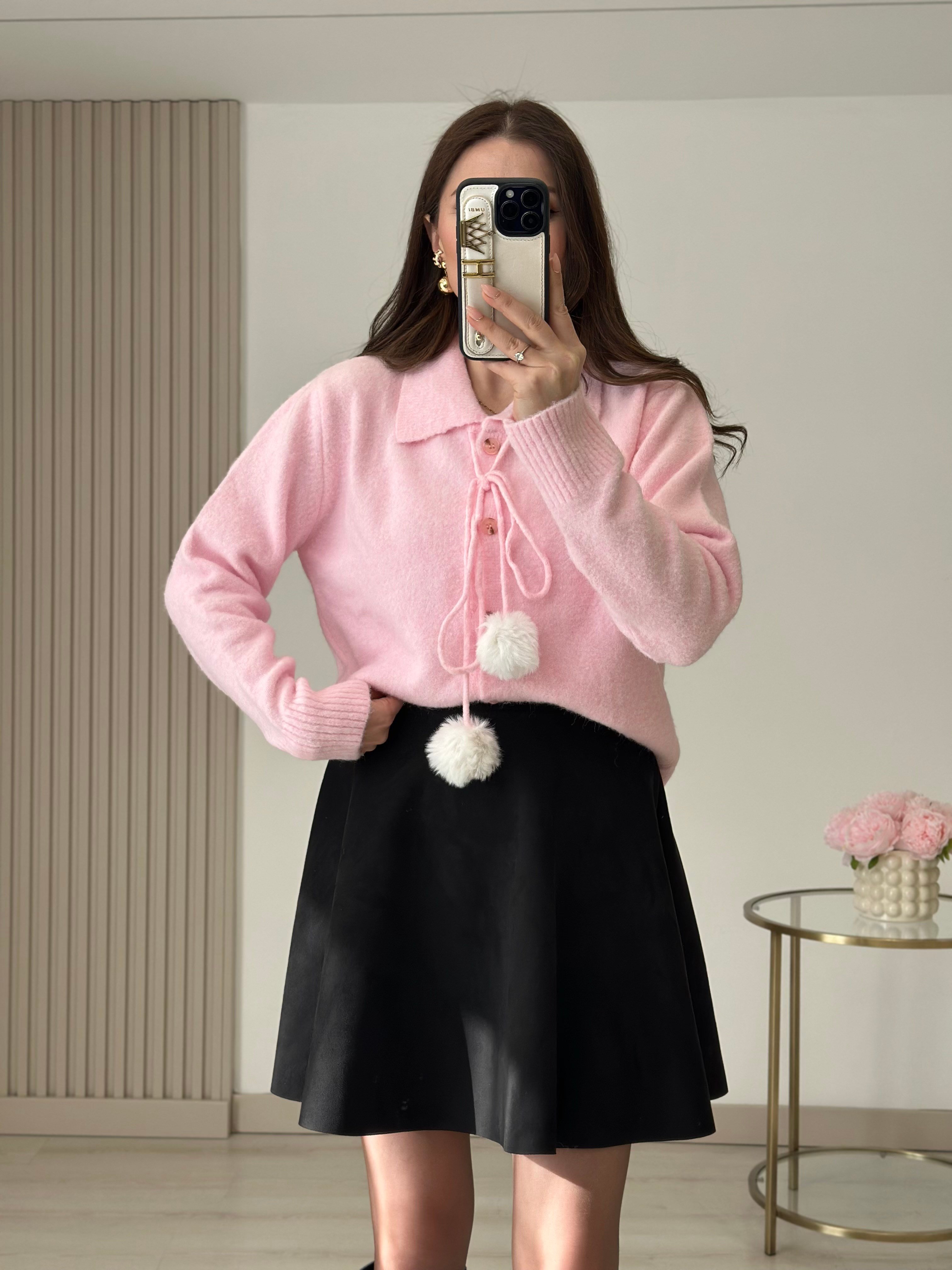 Ponpon Detaylı Yumoş Hırka Pembe