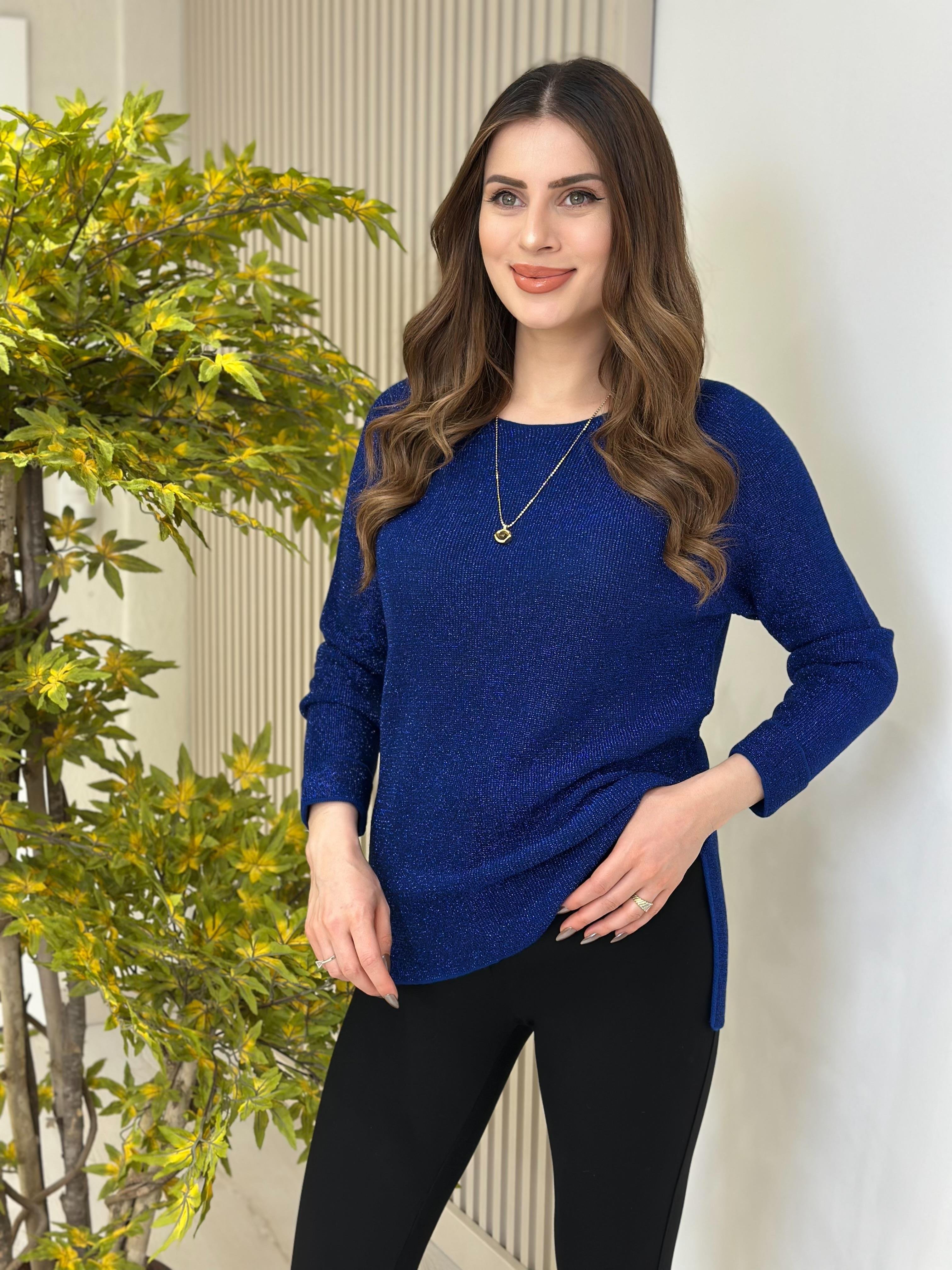 Simli Yanları Yırtmaçlı Triko Saks Mavi