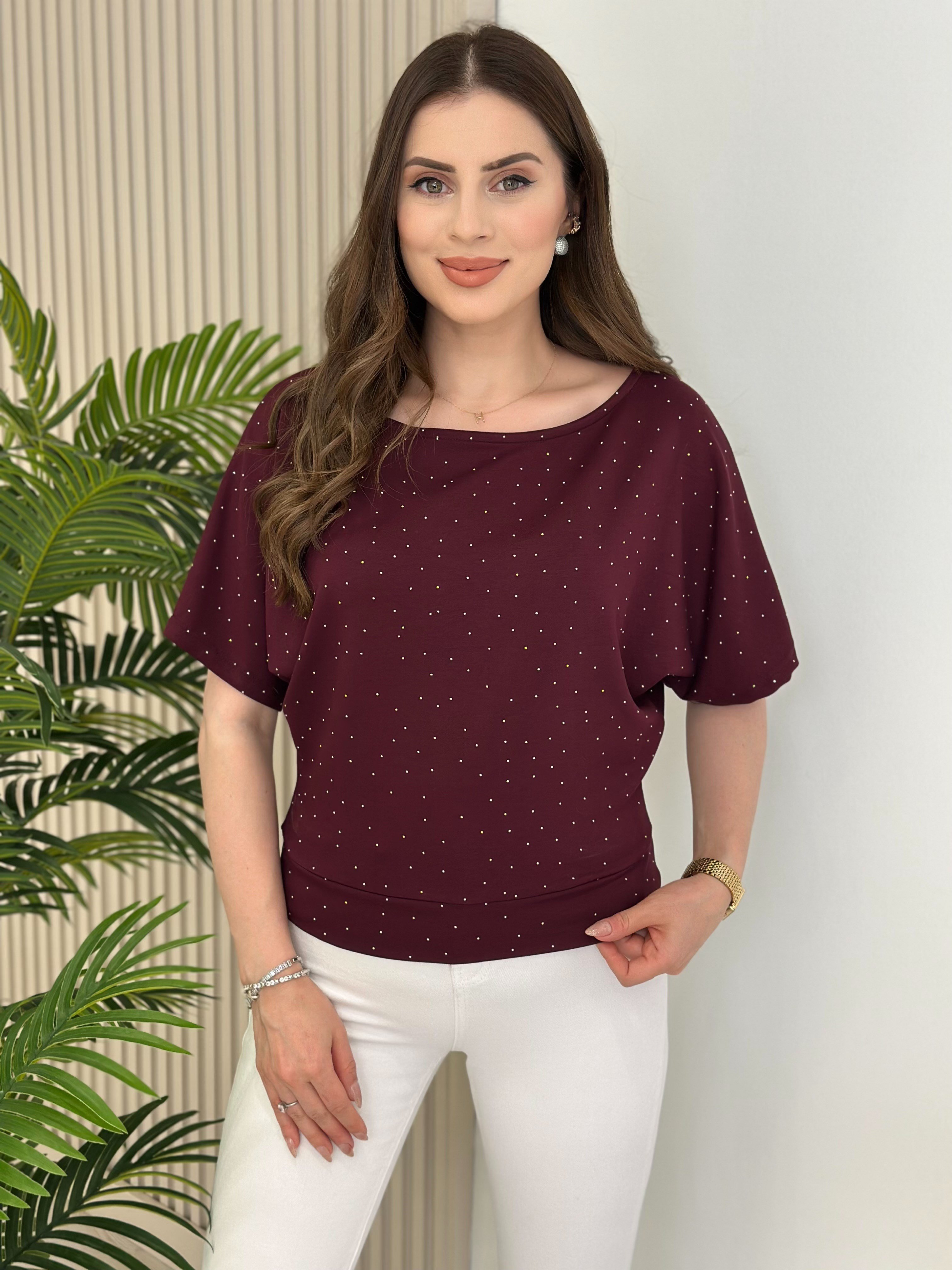 Taşlı Kayık Yaka Modal Kumaş Bluz Bordo