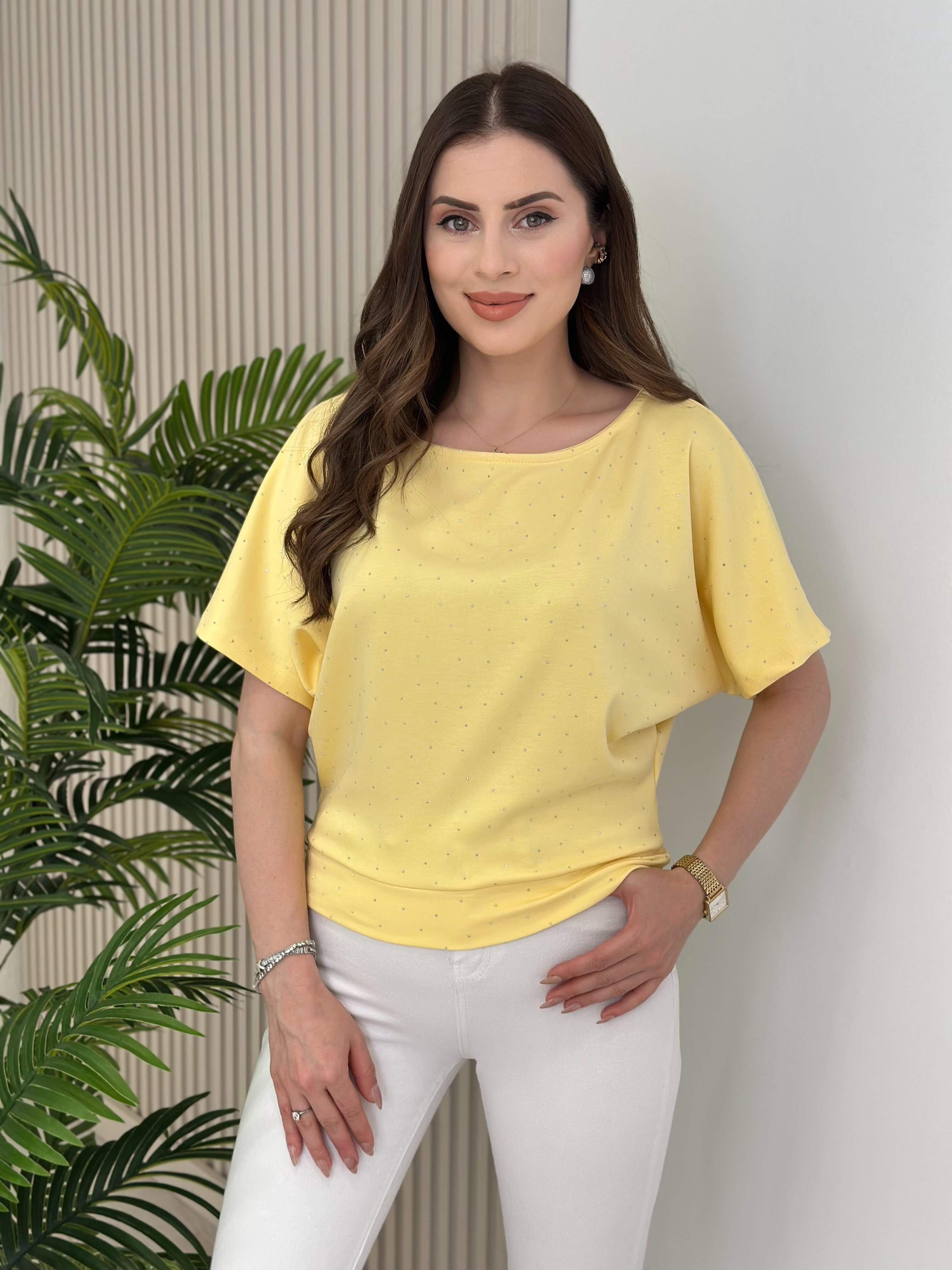 Taşlı Kayık Yaka Modal Kumaş Bluz Sarı