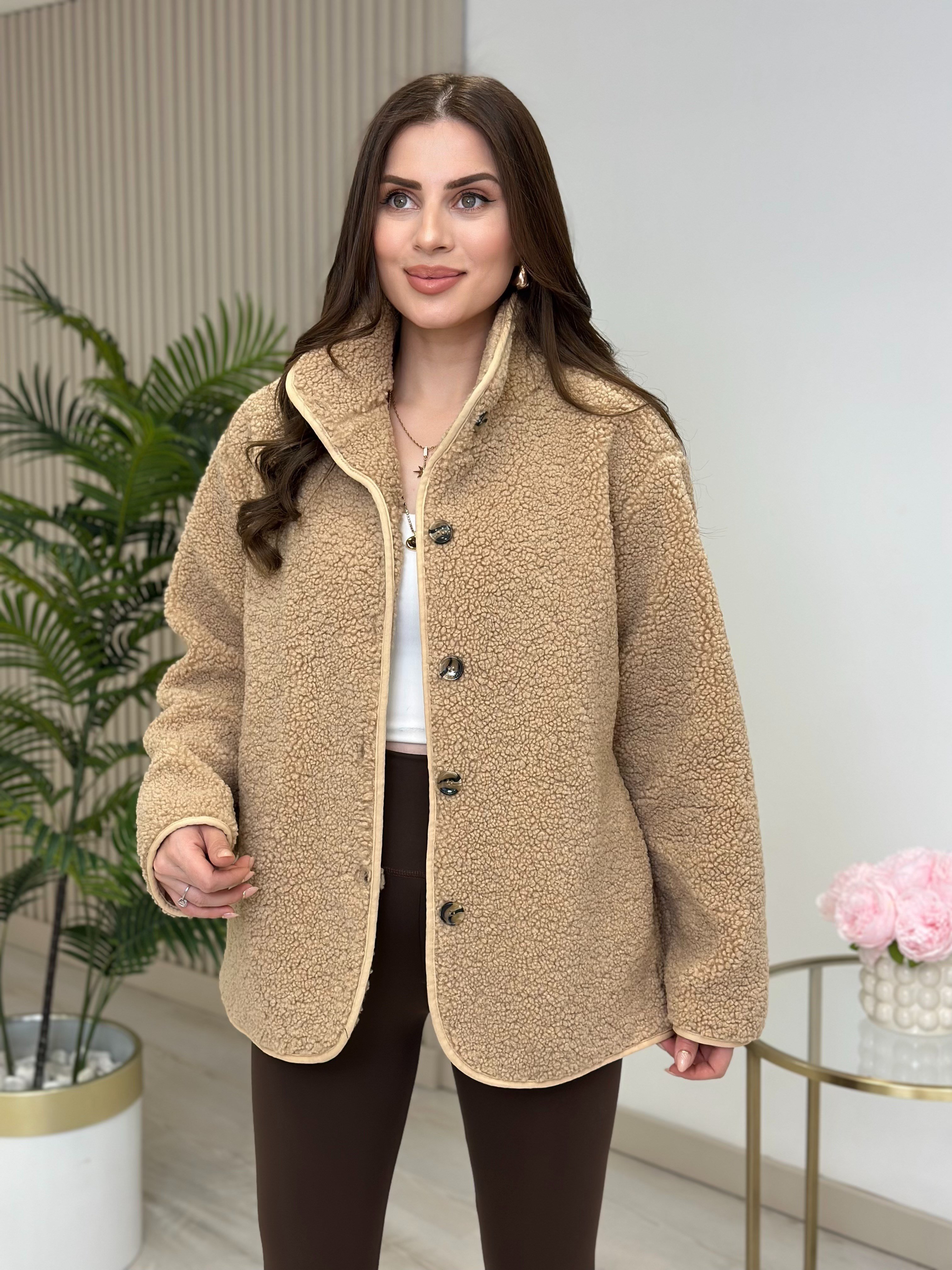 Teddy Önü Düğmeli Dik Yaka Mont Camel