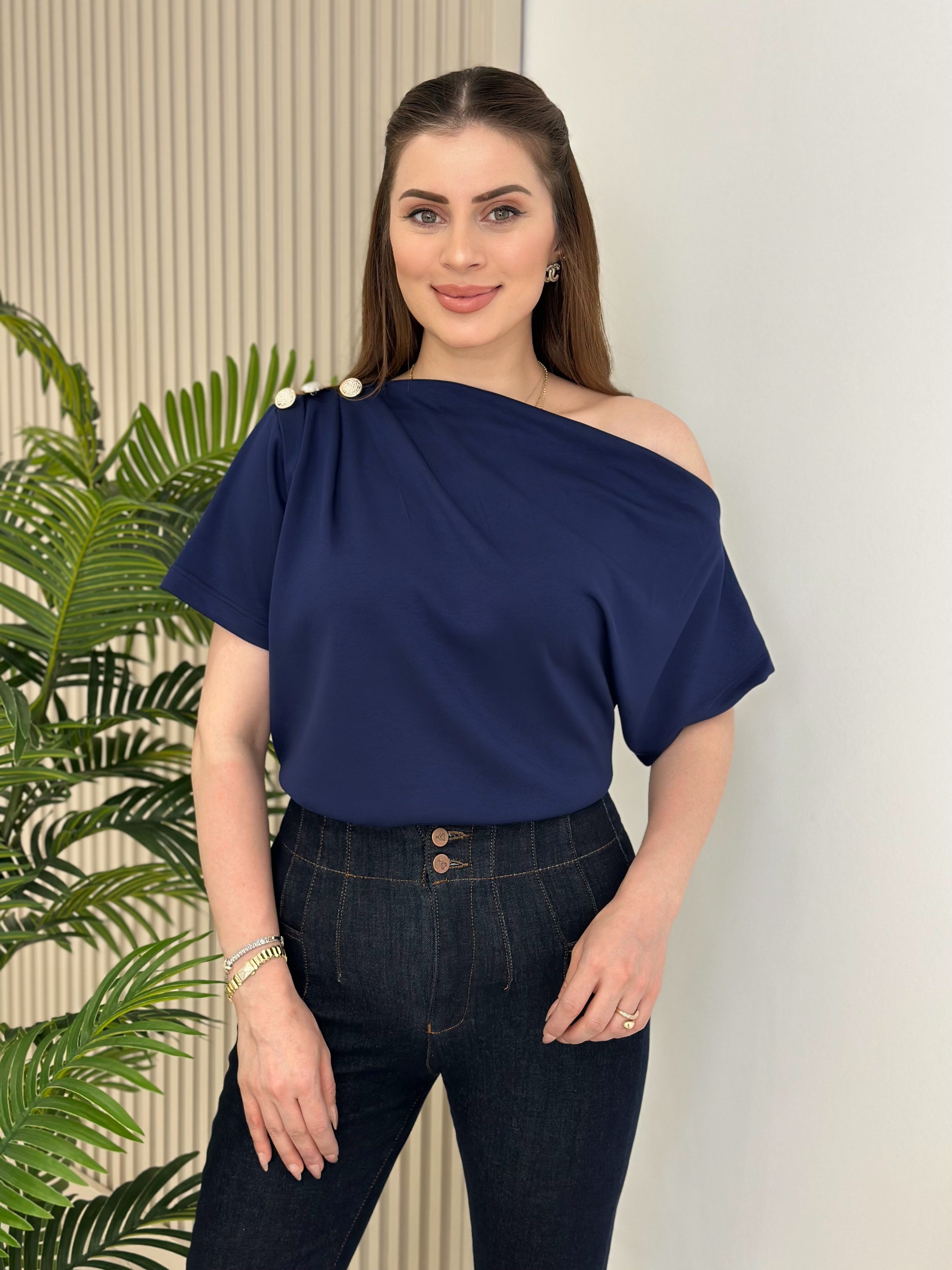 Tek Omzu Dekolteli Gold Düğmeli Modal Kumaş Tshirt Lacivert