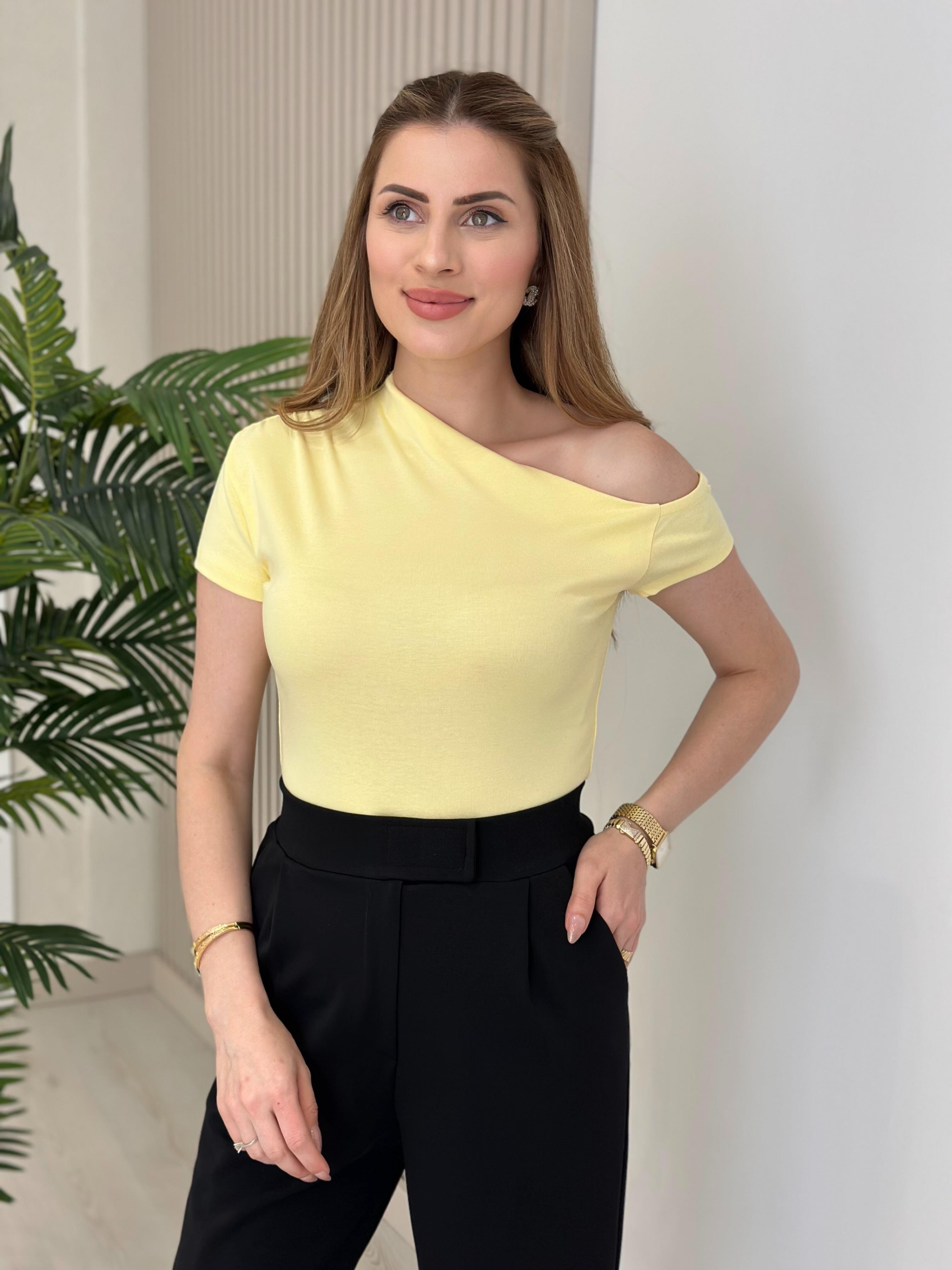 Tek Omzu Dekolteli Penye Tshirt Sarı