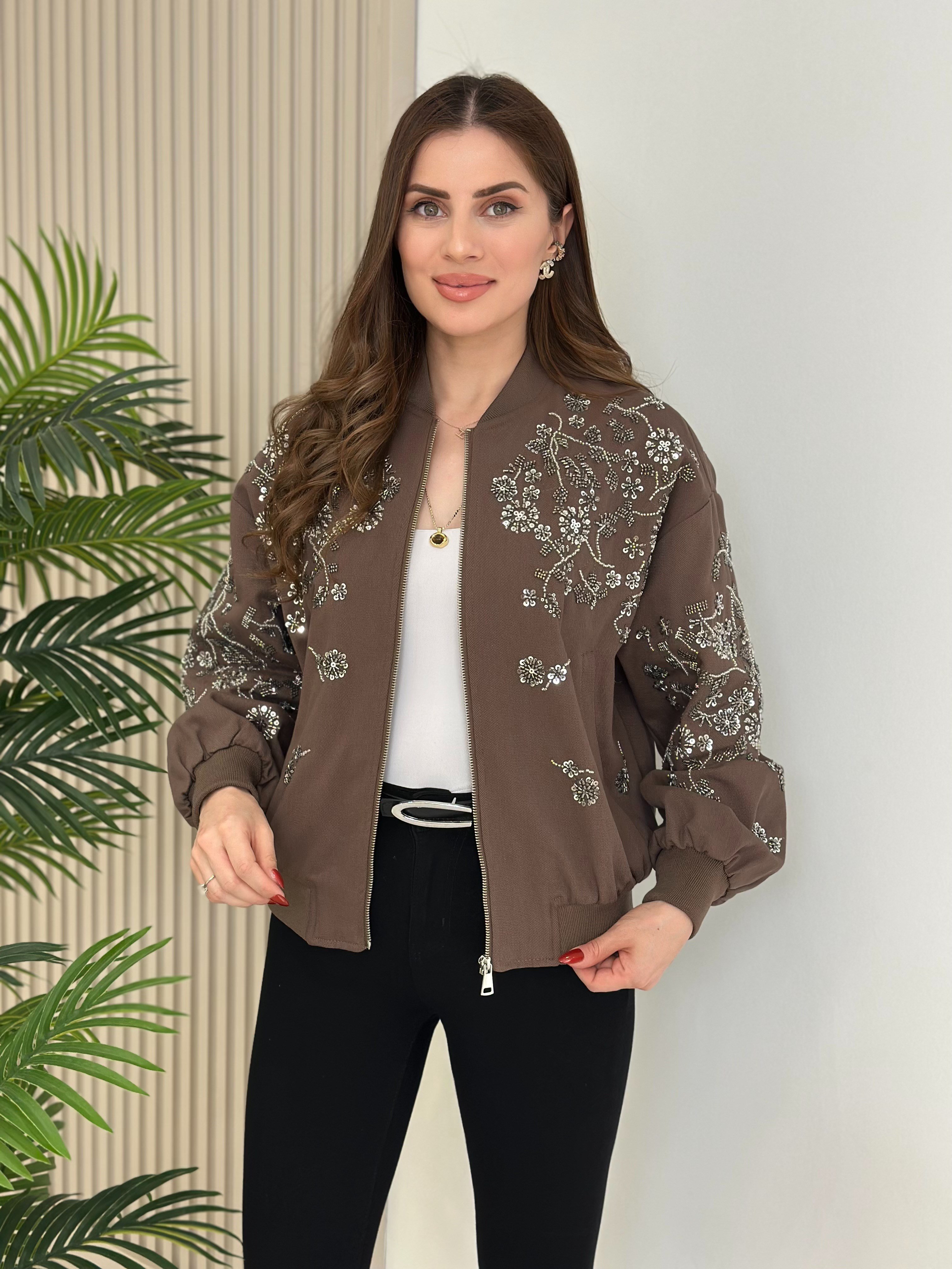 Üzeri Full Taşlı İpky Model Bomber Mont Kahve