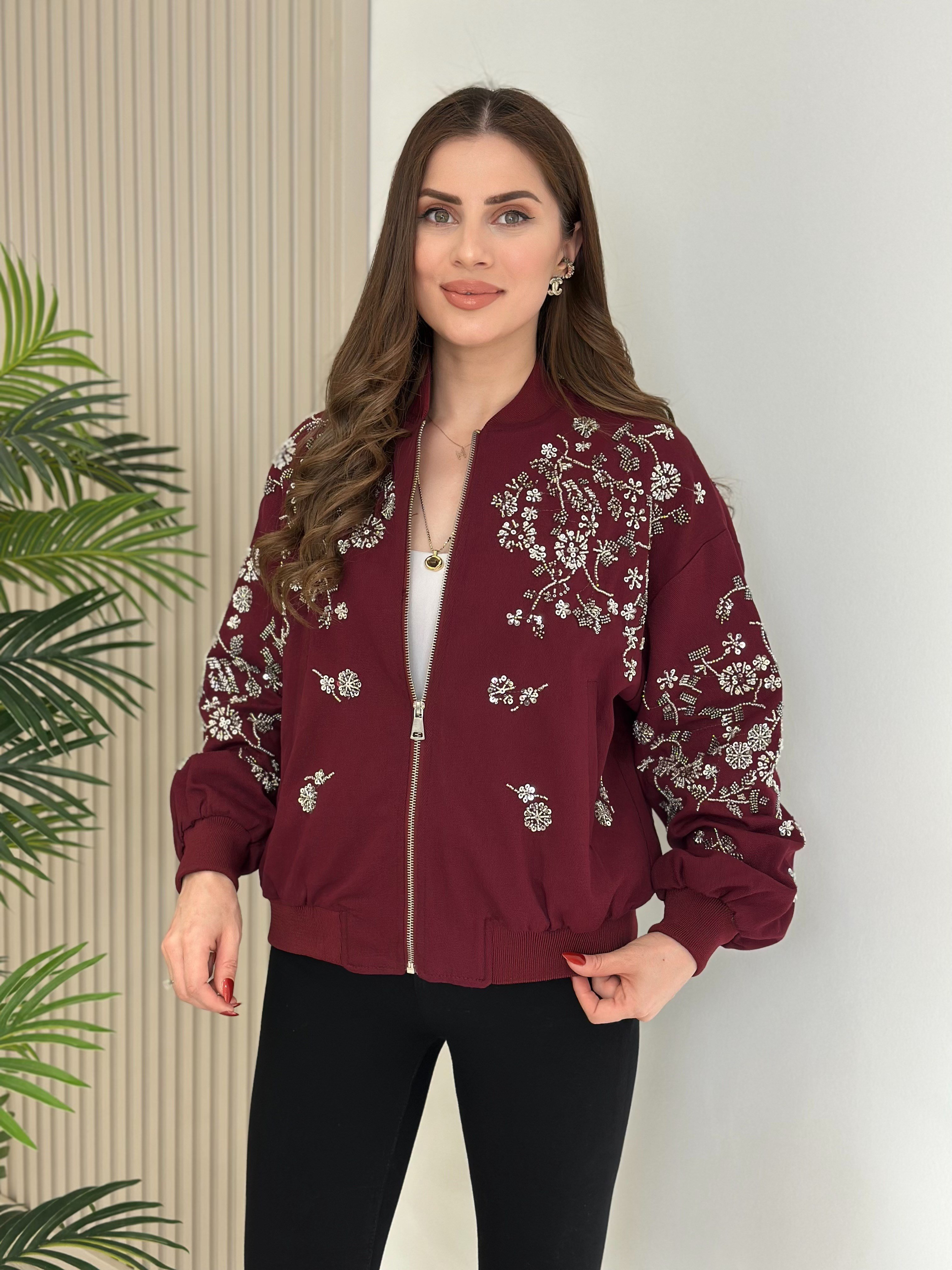 Üzeri Full Taşlı İpky Model Bomber Mont Bordo
